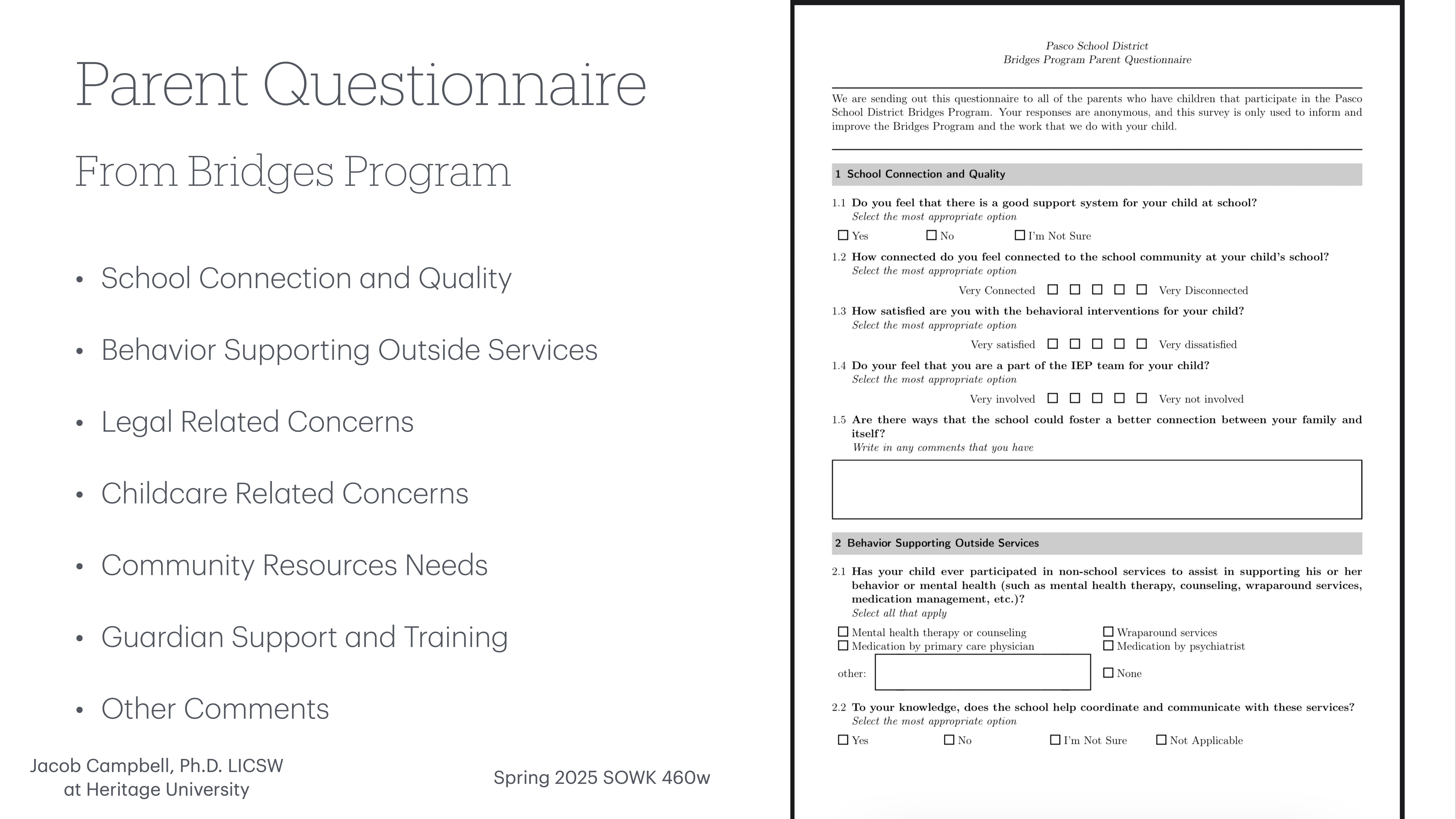 A parent questionnaire from the Bridges Program is shown, focusing on school connection, behavior support, legal and childcare concerns, community resources, and guardian support. It includes sections for additional comments.