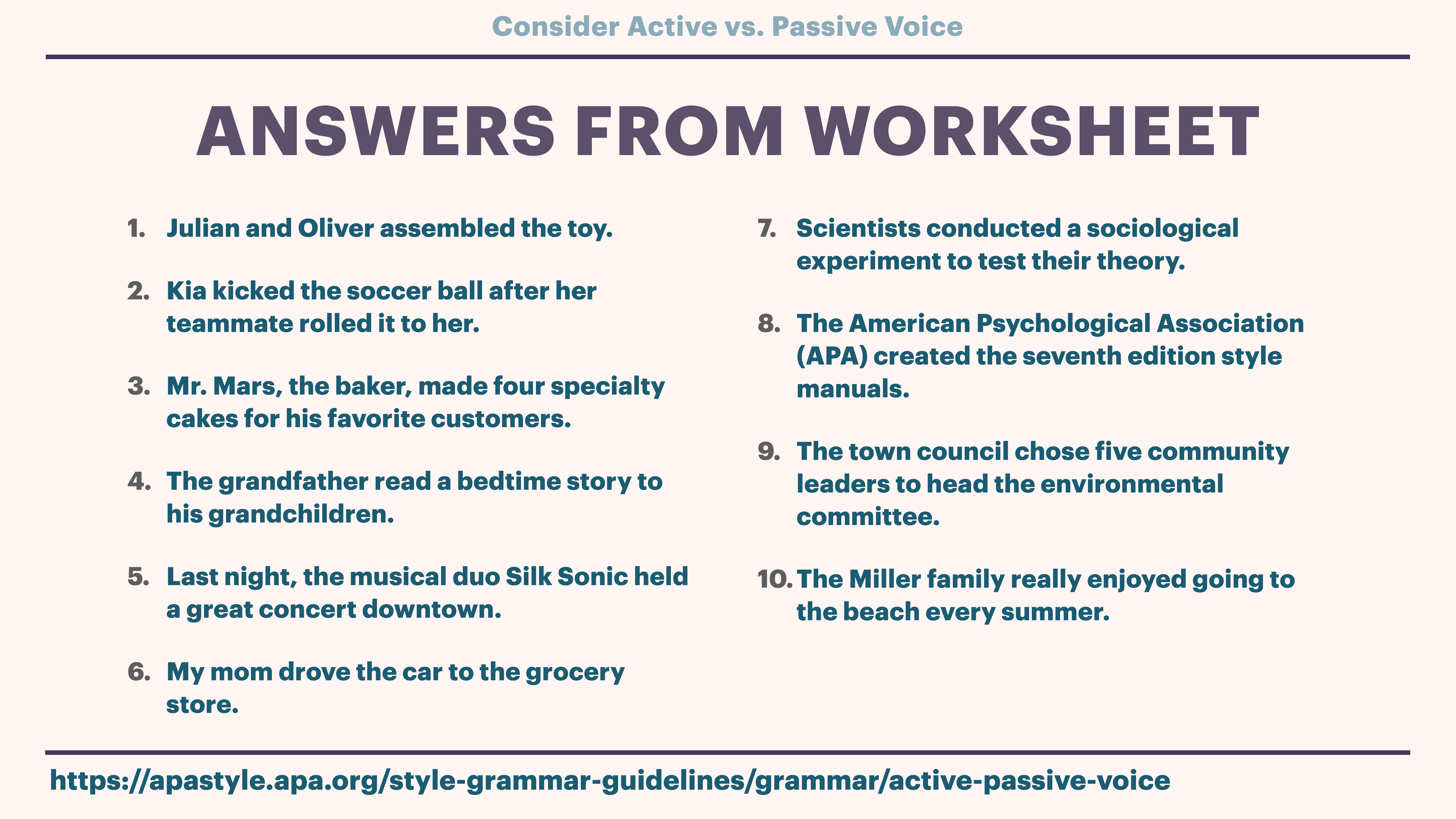 The slide features a list titled 'Answers from Worksheet,' detailing active voice sentences about various activities. A link at the bottom directs to APA style grammar guidelines for active and passive voice.