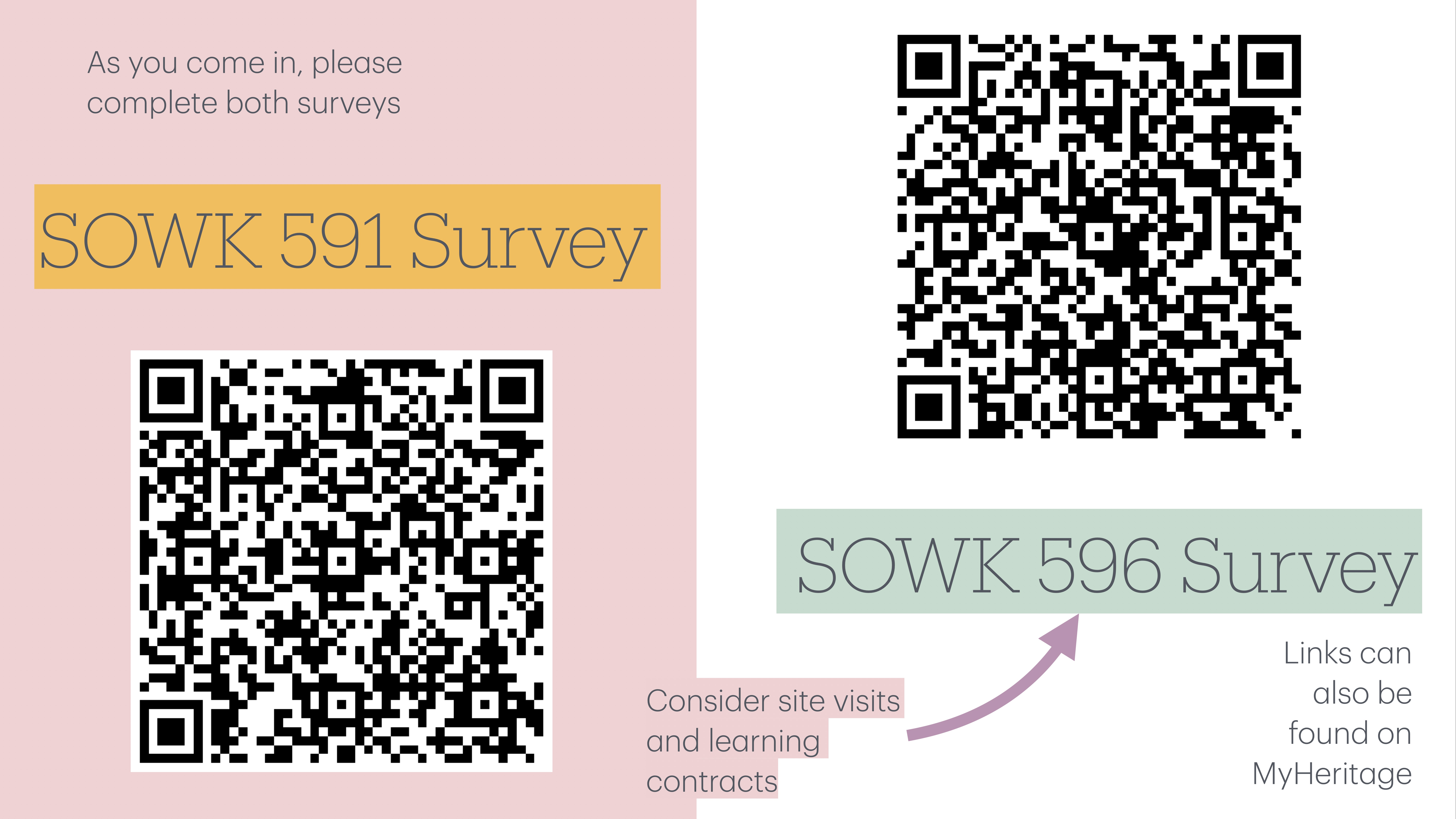 Two QR codes displayed side by side; left for 'SOWK 591 Survey,' right for 'SOWK 596 Survey,' with instructions to complete both. Additional notes mention site visits and learning contracts.