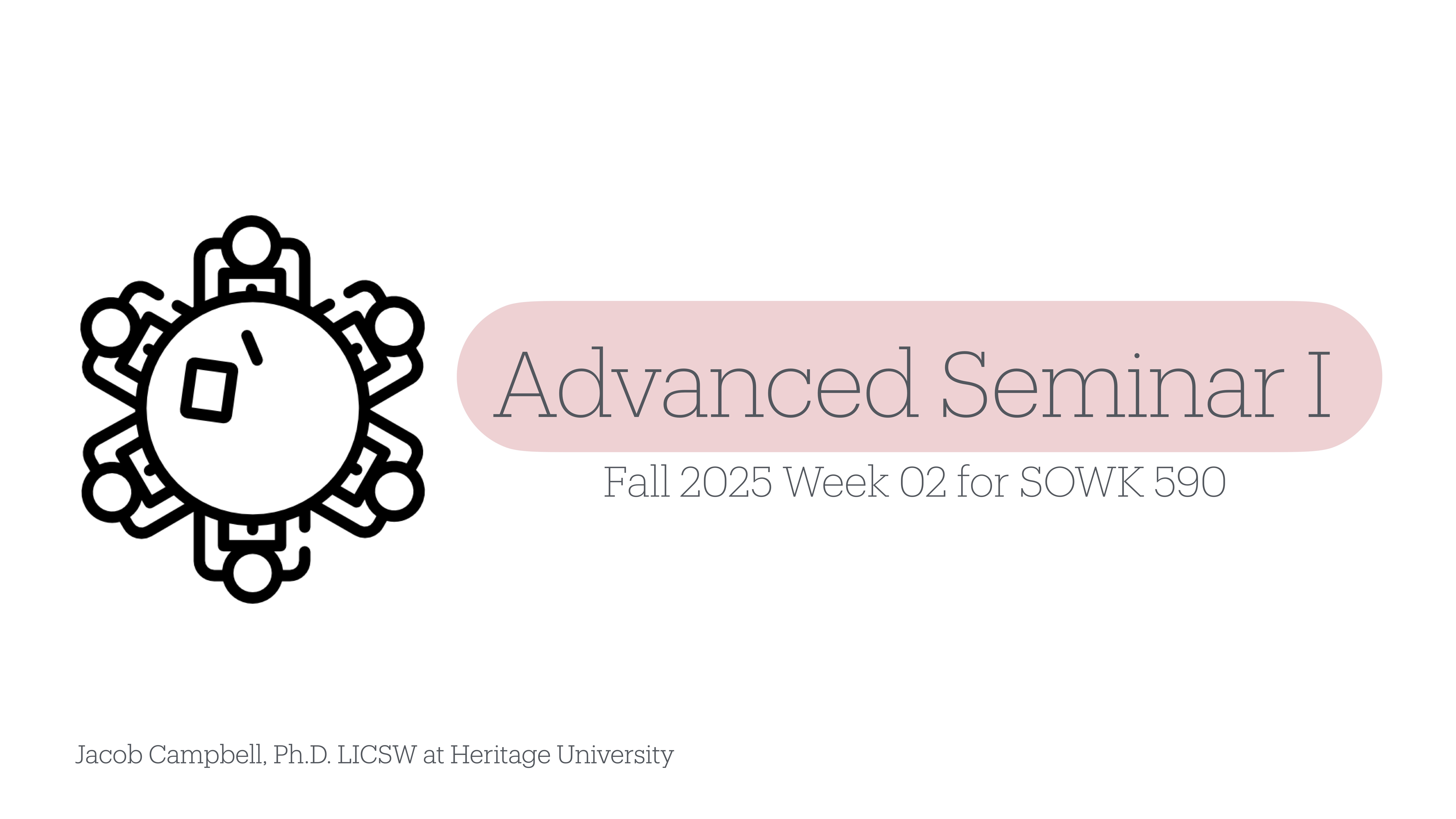 A circular abstract icon sits beside text reading: 'Advanced Seminar I, Fall 2025 Week 02 for SOWK 590.' Presented by Jacob Campbell, Ph.D., LICSW at Heritage University.