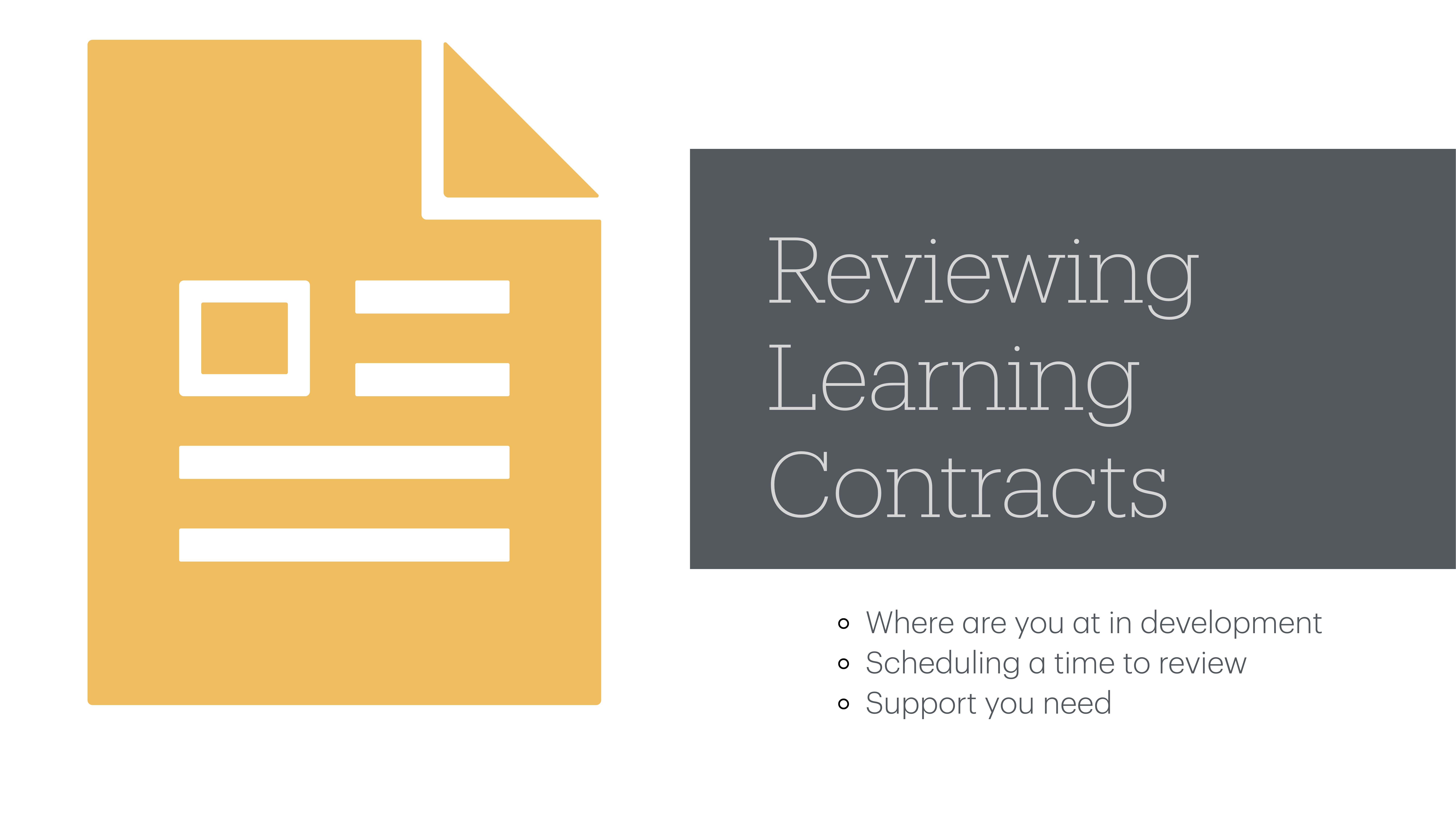Document icon stands beside text box; lists 'Reviewing Learning Contracts,' discussing development status, scheduling reviews, and support needs. White background enhances visibility, suggesting presentation slide format.