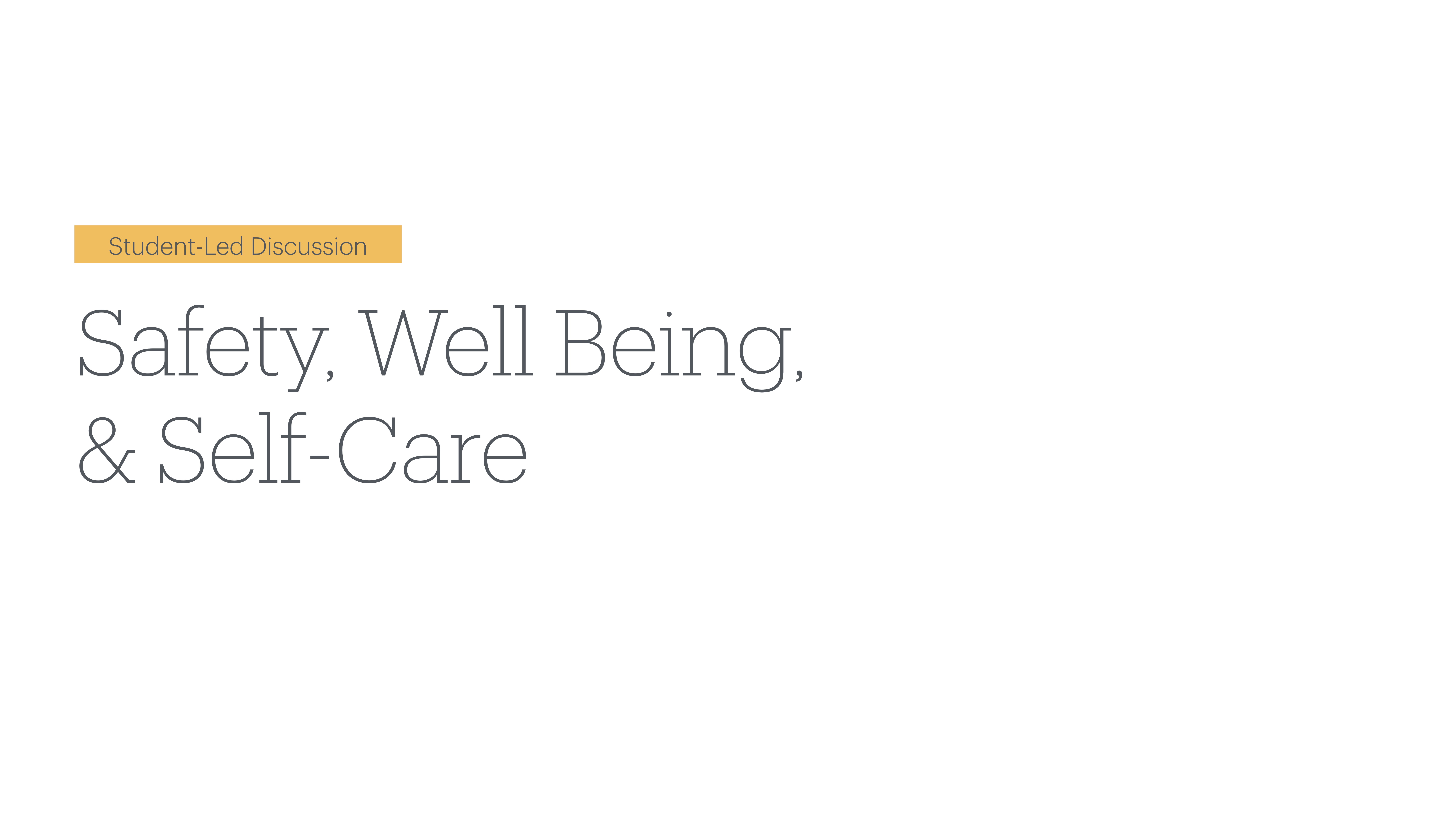 Slide title reads 'Safety, Well Being, & Self-Care' on a white background, indicating a 'Student-Led Discussion.' No other elements or images are present.