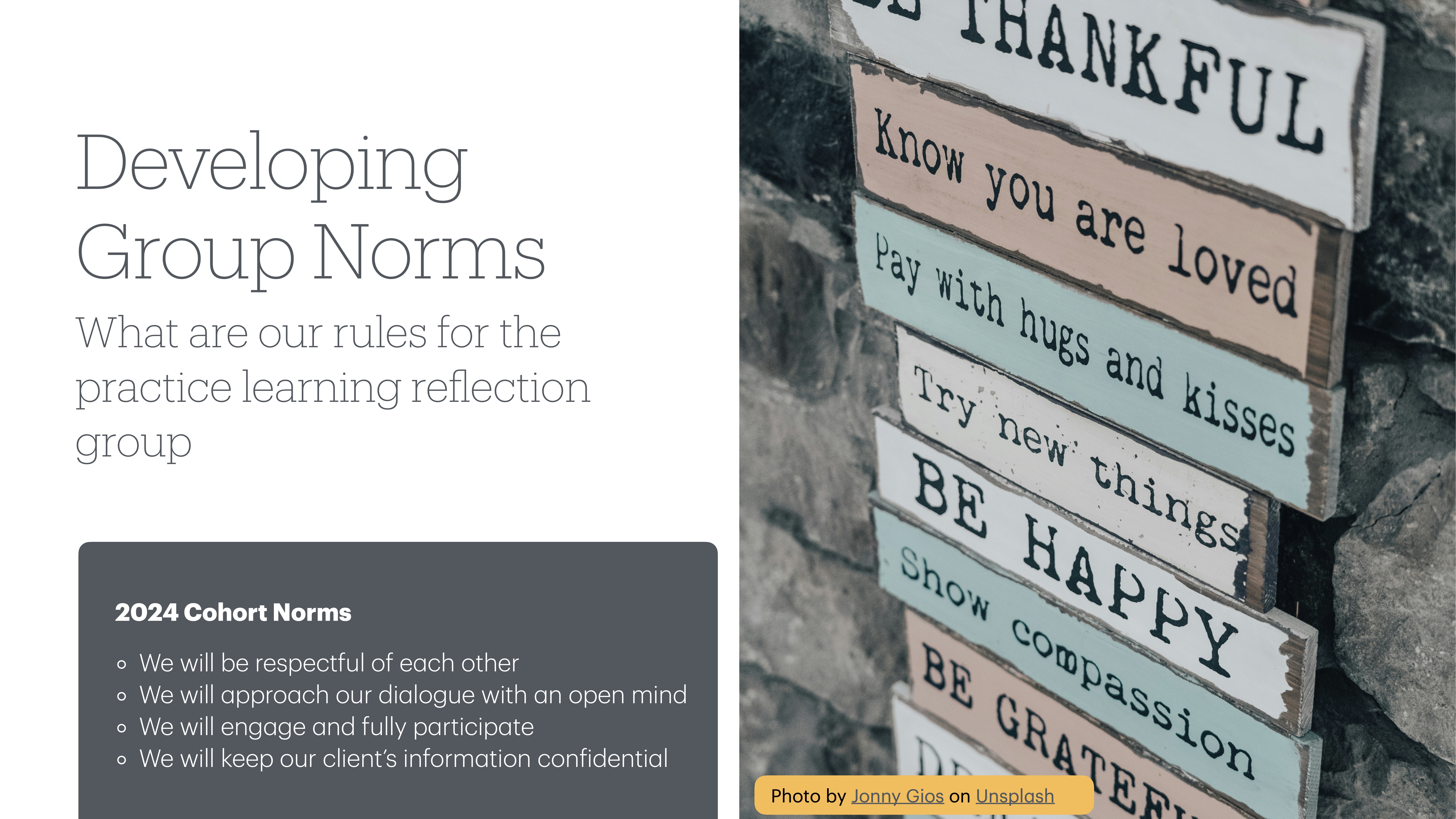 The image shows a split-screen presentation slide. The left side has text: 'Developing Group Norms,' discussing practice learning rules and 2024 Cohort Norms like respect and confidentiality. The right side features colorful signs on a wall stating positive messages like 'BE THANKFUL' and 'BE HAPPY.'