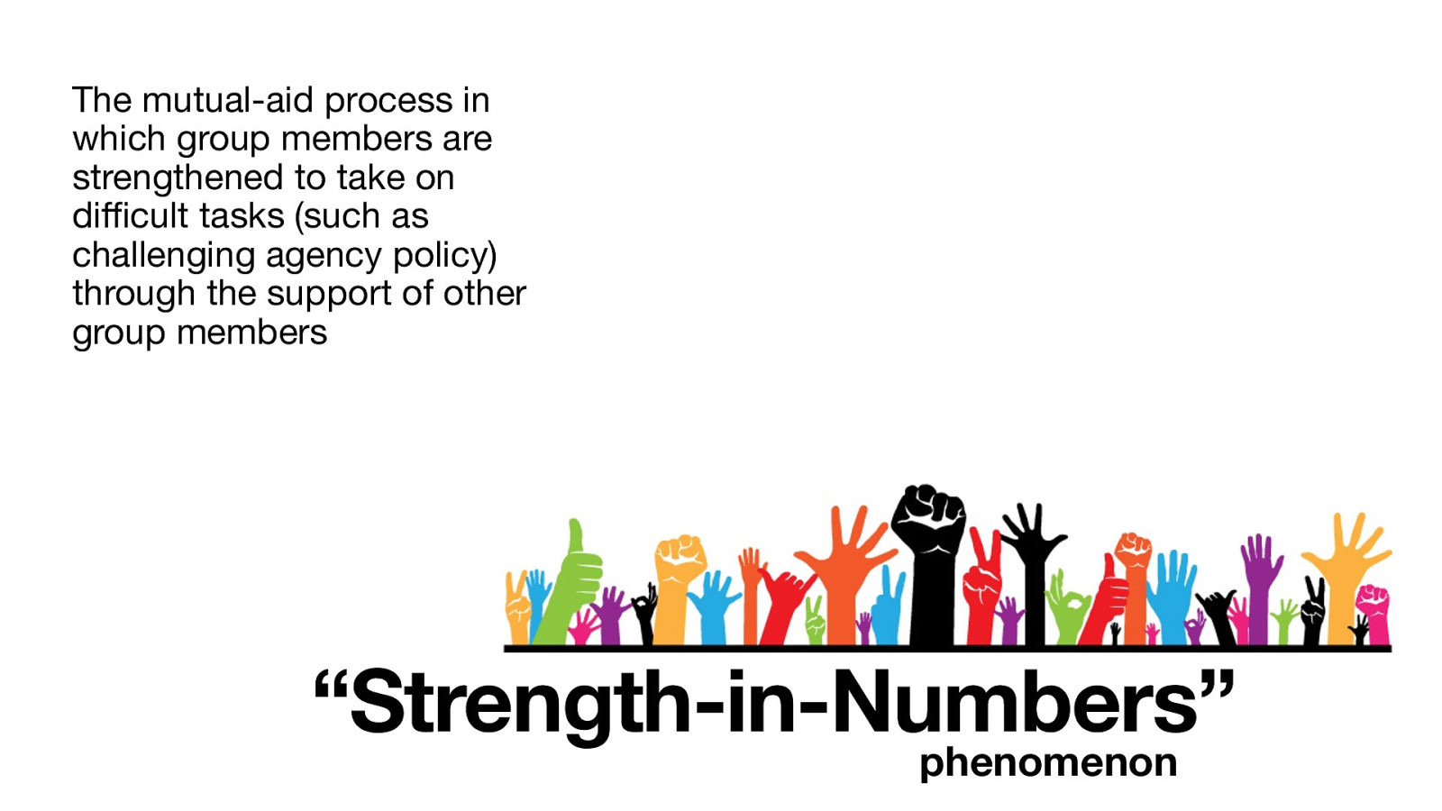 The mutual-aid process in which group members are strengthened to take on di cult tasks (such as challenging agency policy) through the support of other group members “Strength-in-Numbers” ffi phenomenon
