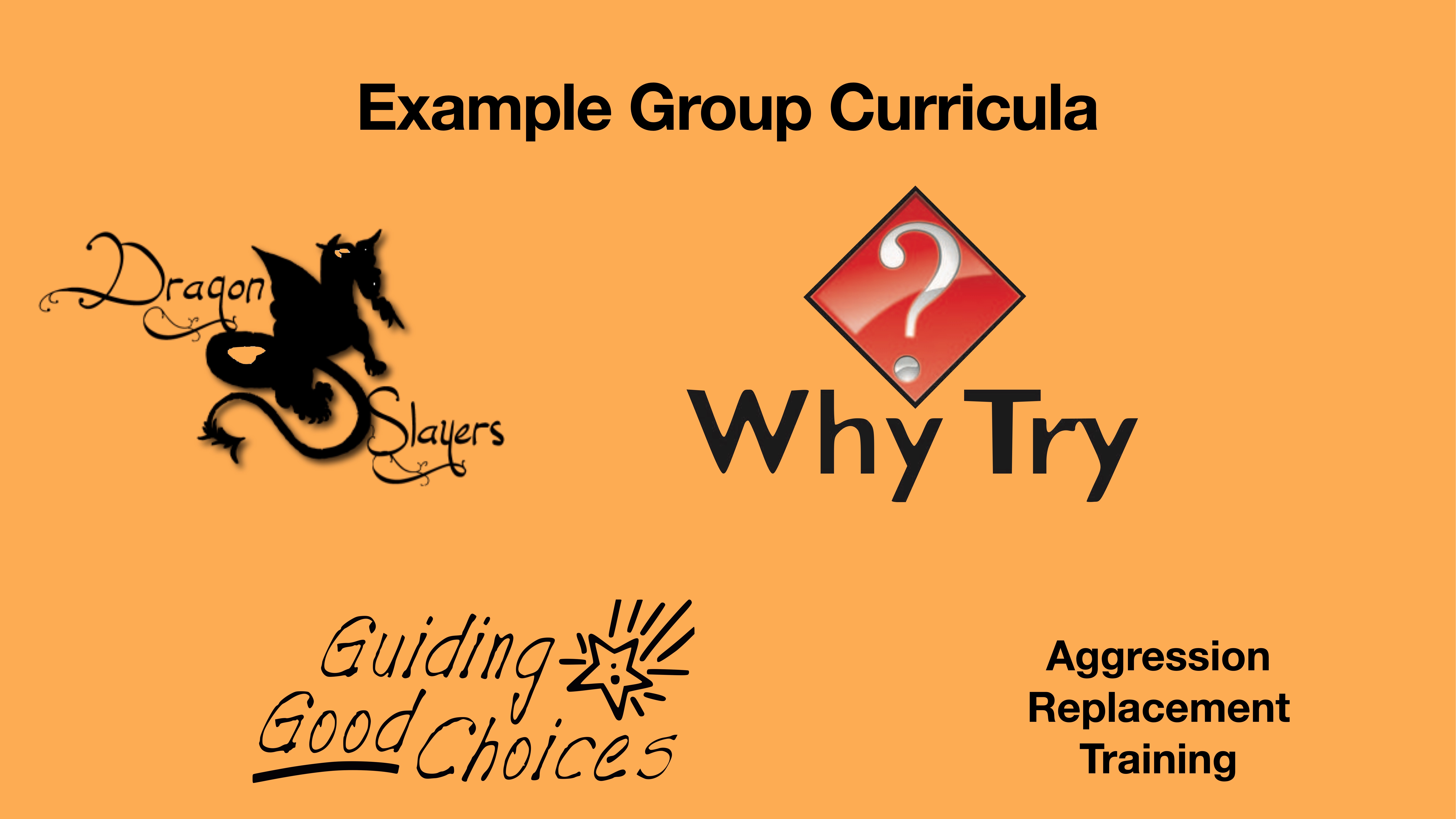 The image features four program titles: 'Dragon Slayers' with a dragon graphic, 'Why Try' with a question mark, 'Guiding Good Choices' with a star, and 'Aggression Replacement Training.' Background is orange.
