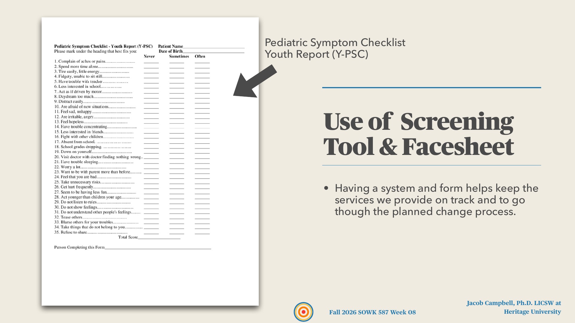 A printed Pediatric Symptom Checklist Youth Report (Y-PSC) form, with 35 numbered items rated Never, Sometimes, or Often, sits on a beige slide beside a large arrow pointing at it. The slide is titled 'Use of Screening Tool & Facesheet' and reads 'Having a system and form helps keep the services we provide on track and to go though the planned change process.' The footer reads 'Jacob Campbell, Ph.D. LICSW at Heritage University' and 'Fall 2026 SOWK 587 Week 08.'