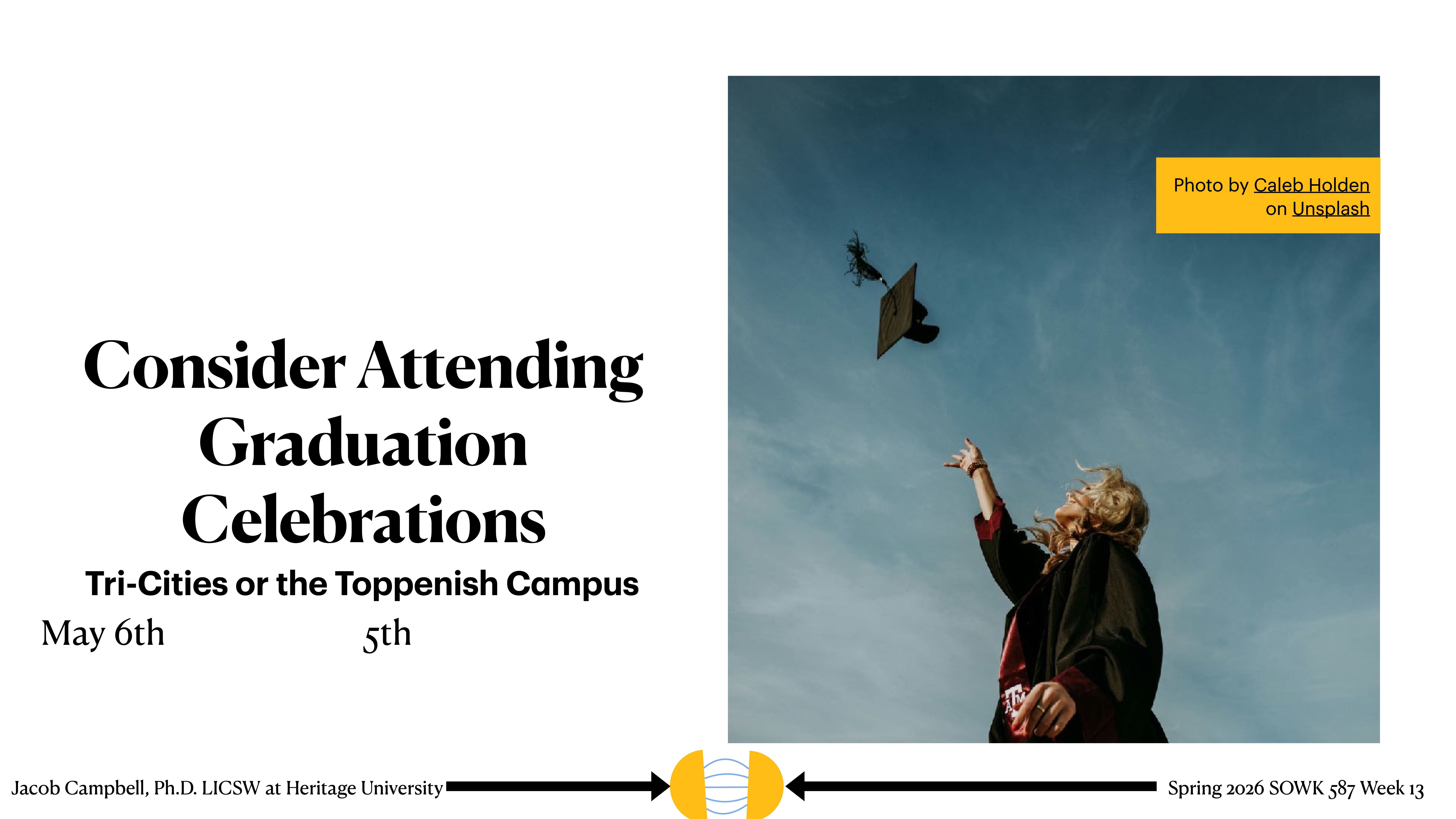 Graduation cap flying upwards as a person throws it against a blue sky. Text: “Consider Attending Graduation Celebrations, Tri-Cities or the Toppenish Campus, May 6th-5th.” Jacob Campbell, Ph.D., Heritage University. Spring 2026 SOWK 487 Week 13.