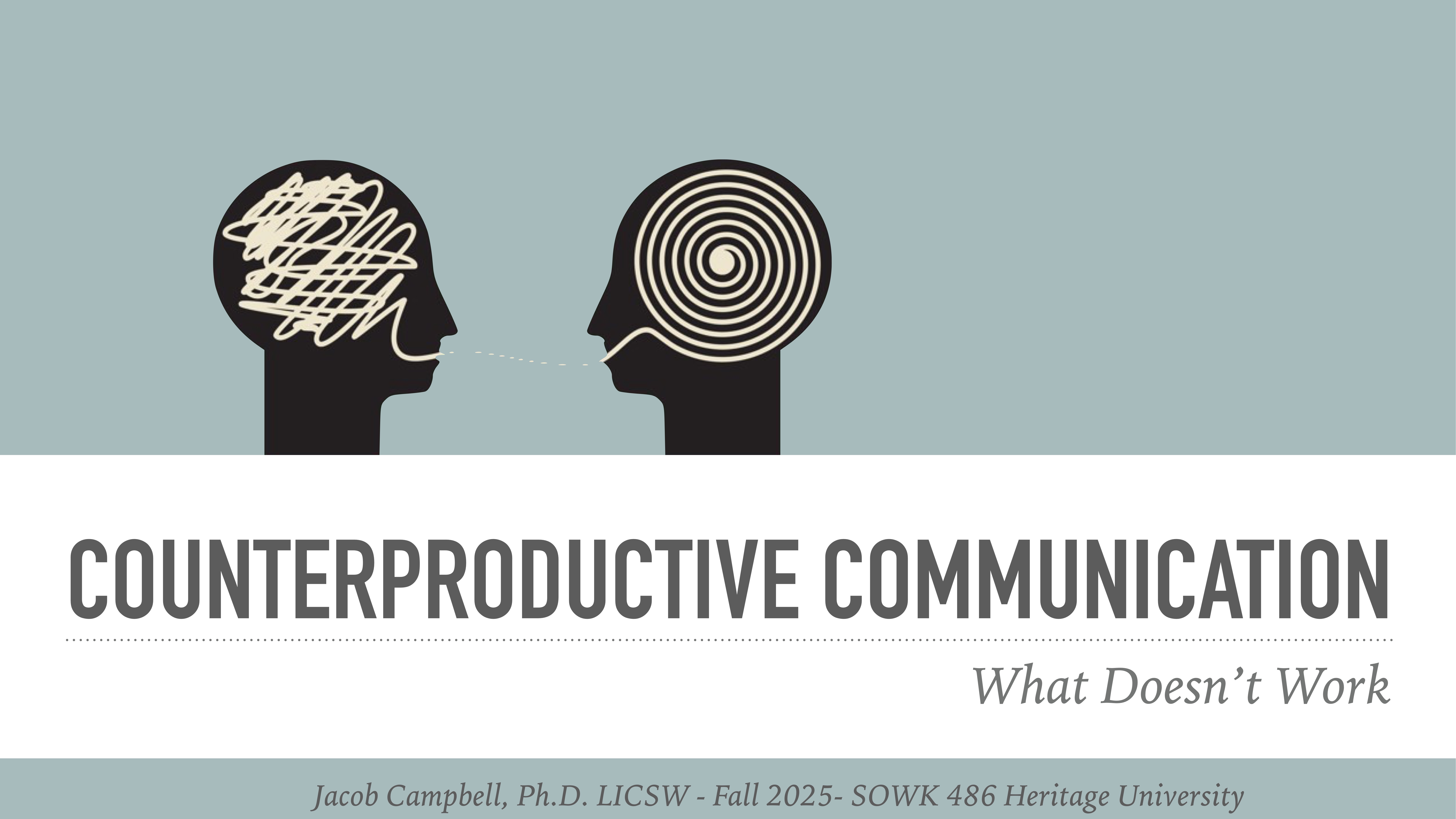 Two silhouetted heads with tangled and spiral brain patterns communicate in contrasting styles. Text reads: 'COUNTERPRODUCTIVE COMMUNICATION: What Doesn’t Work. Jacob Campbell, Ph.D. LICSW - Fall 2025 - SOWK 486 Heritage University.'