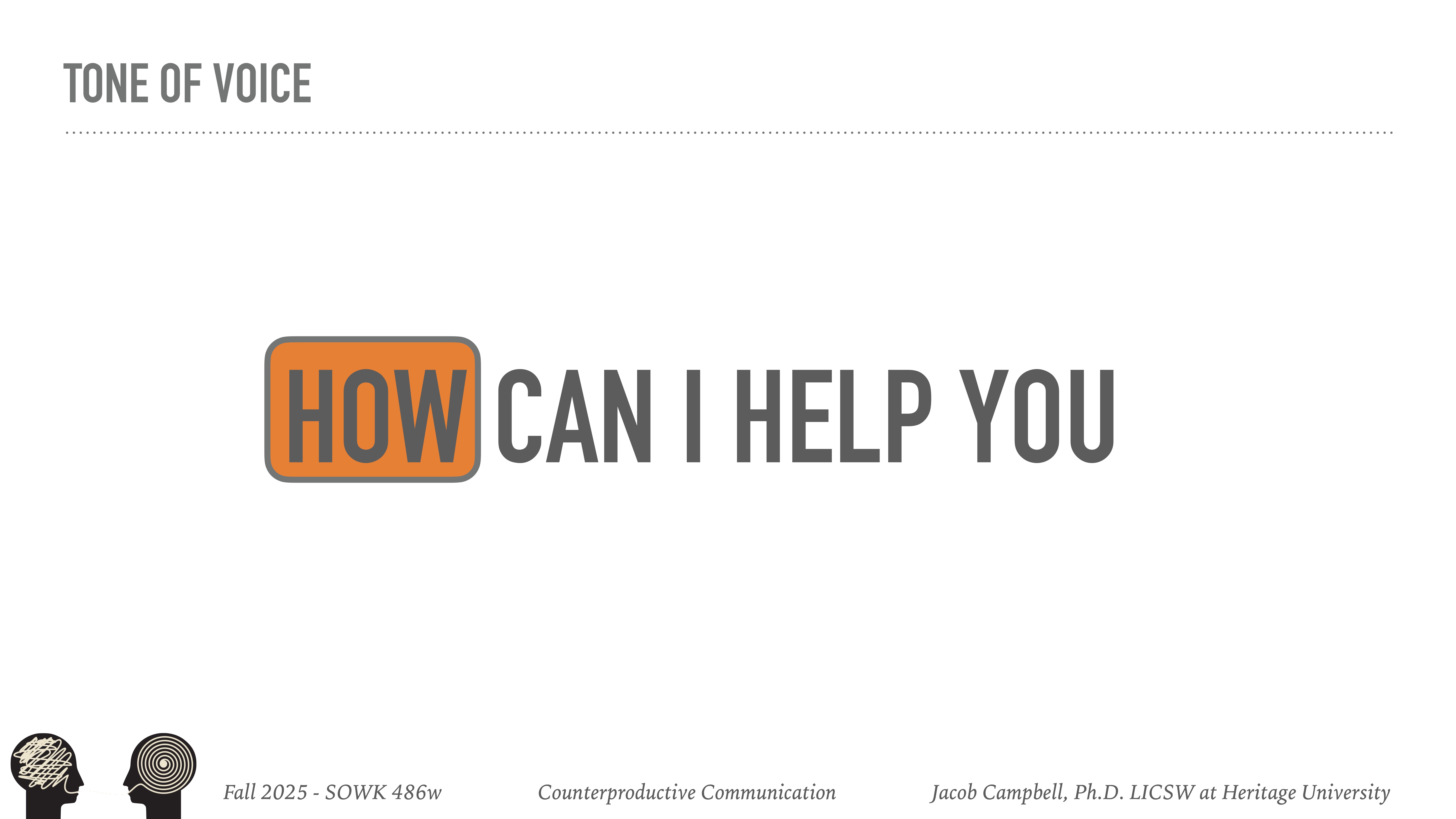 Text 'HOW CAN I HELP YOU' on a presentation slide, with 'HOW' in an orange box. Context: titled 'TONE OF VOICE.' Footer references Fall 2025 - SOWK 486w, Counterproductive Communication, Jacob Campbell, Ph.D. LICSW at Heritage University.
