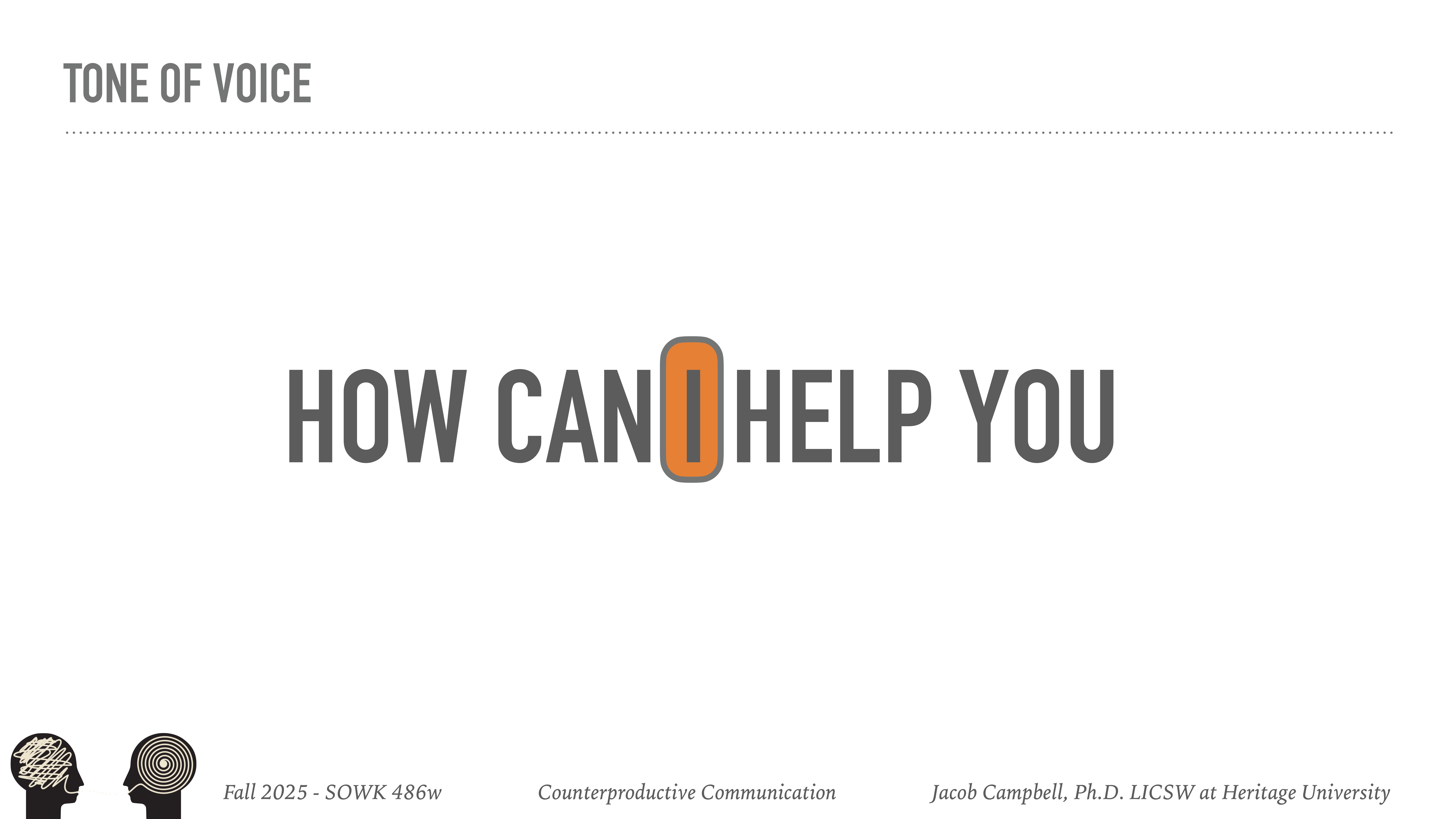 Text centered on a slide reads, 'HOW CAN I HELP YOU,' with 'I' highlighted in orange. The title is 'TONE OF VOICE.' Footer mentions Fall 2025 - SOWK 486w, Counterproductive Communication, Jacob Campbell, Ph.D. LICSW at Heritage University.