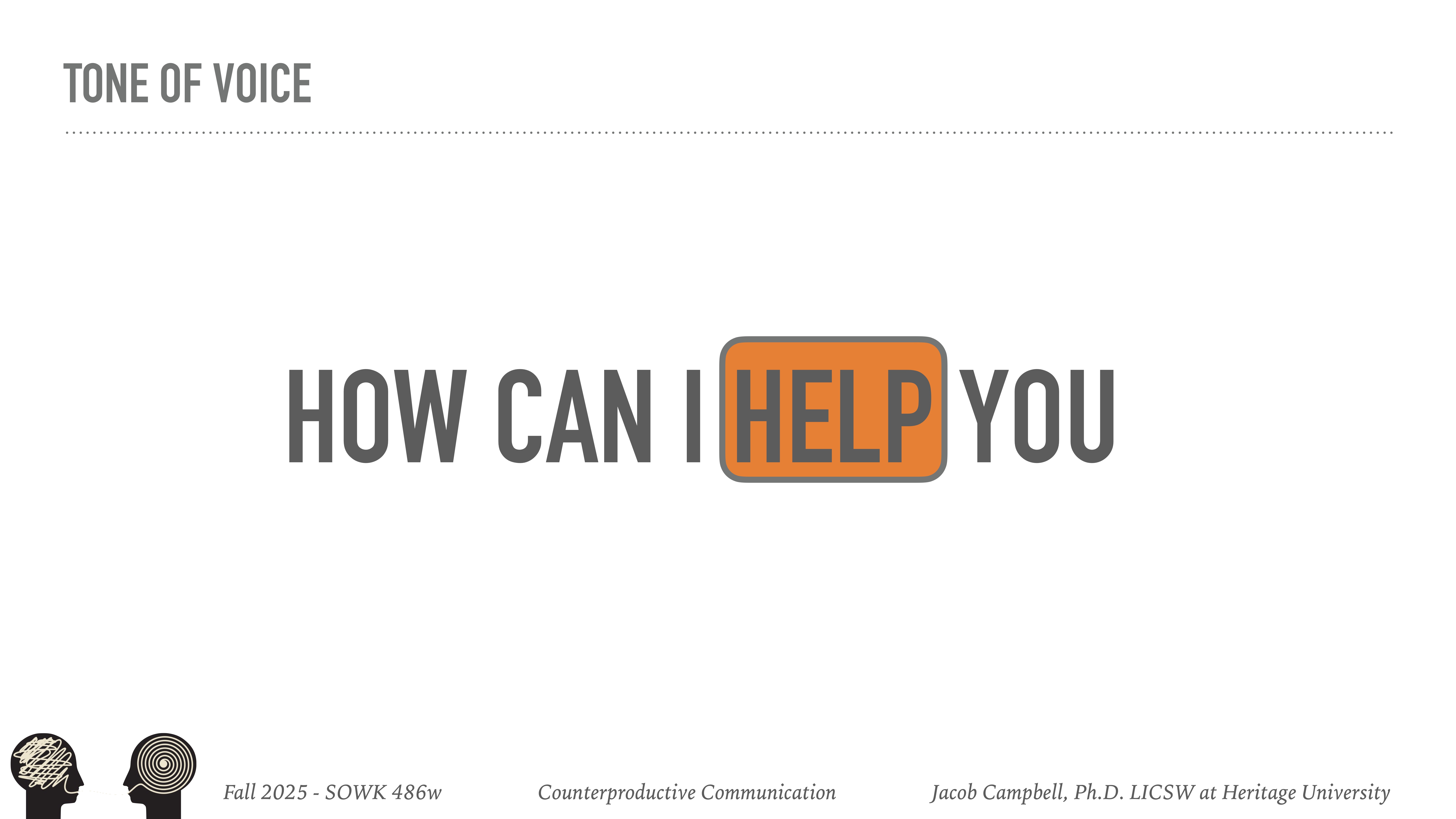 Slide displays the phrase 'HOW CAN I HELP YOU' with 'HELP' highlighted in orange. Topic states 'TONE OF VOICE.' Footer reads 'Fall 2025 - SOWK 486w, Counterproductive Communication, Jacob Campbell, Ph.D. LICSW at Heritage University.'