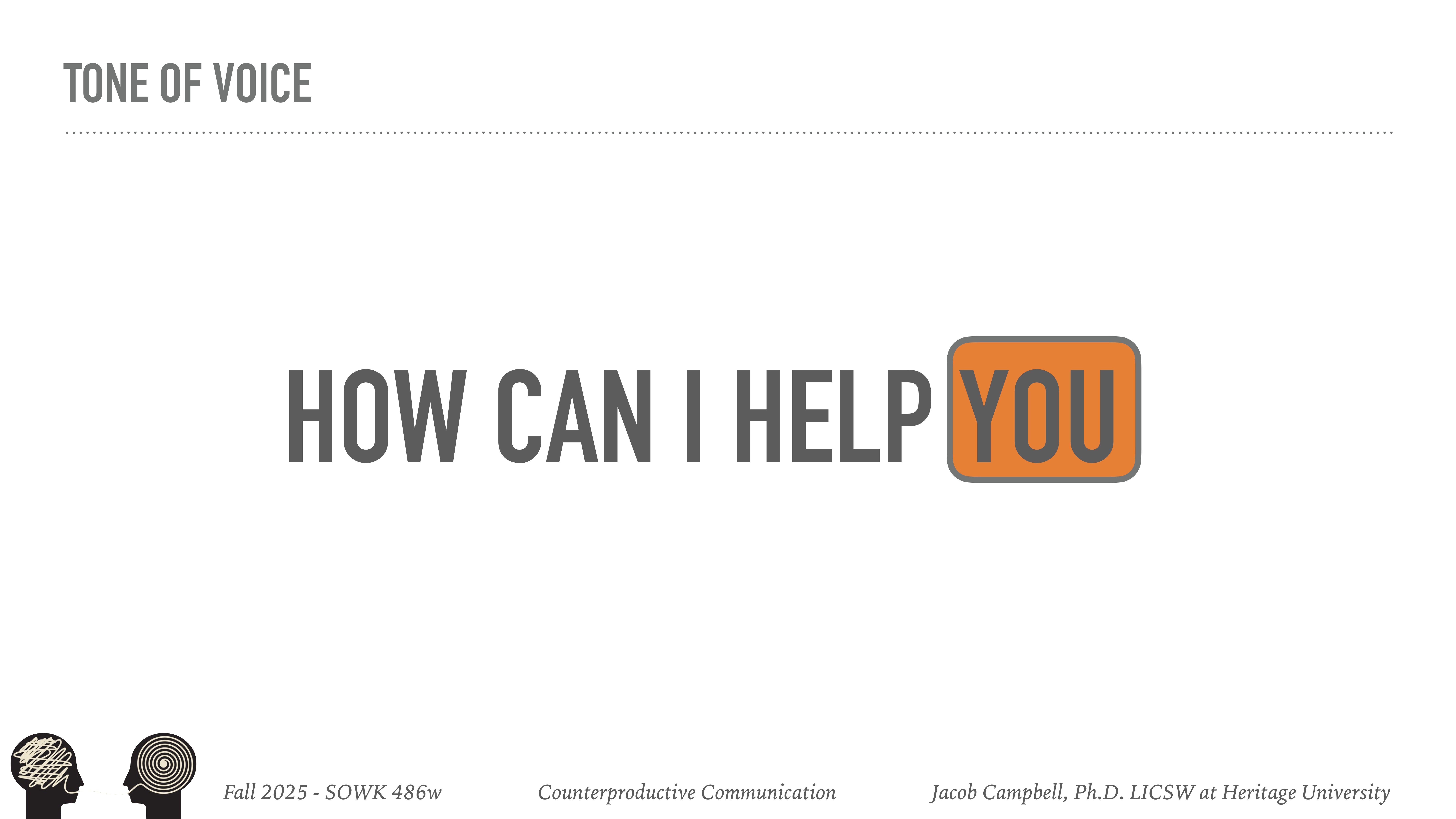 The slide has large text stating, 'HOW CAN I HELP YOU,' with 'YOU' highlighted in orange. The title 'TONE OF VOICE' appears above. Footer: 'Fall 2025 - SOWK 486w Counterproductive Communication Jacob Campbell, Ph.D. LICSW at Heritage University.'