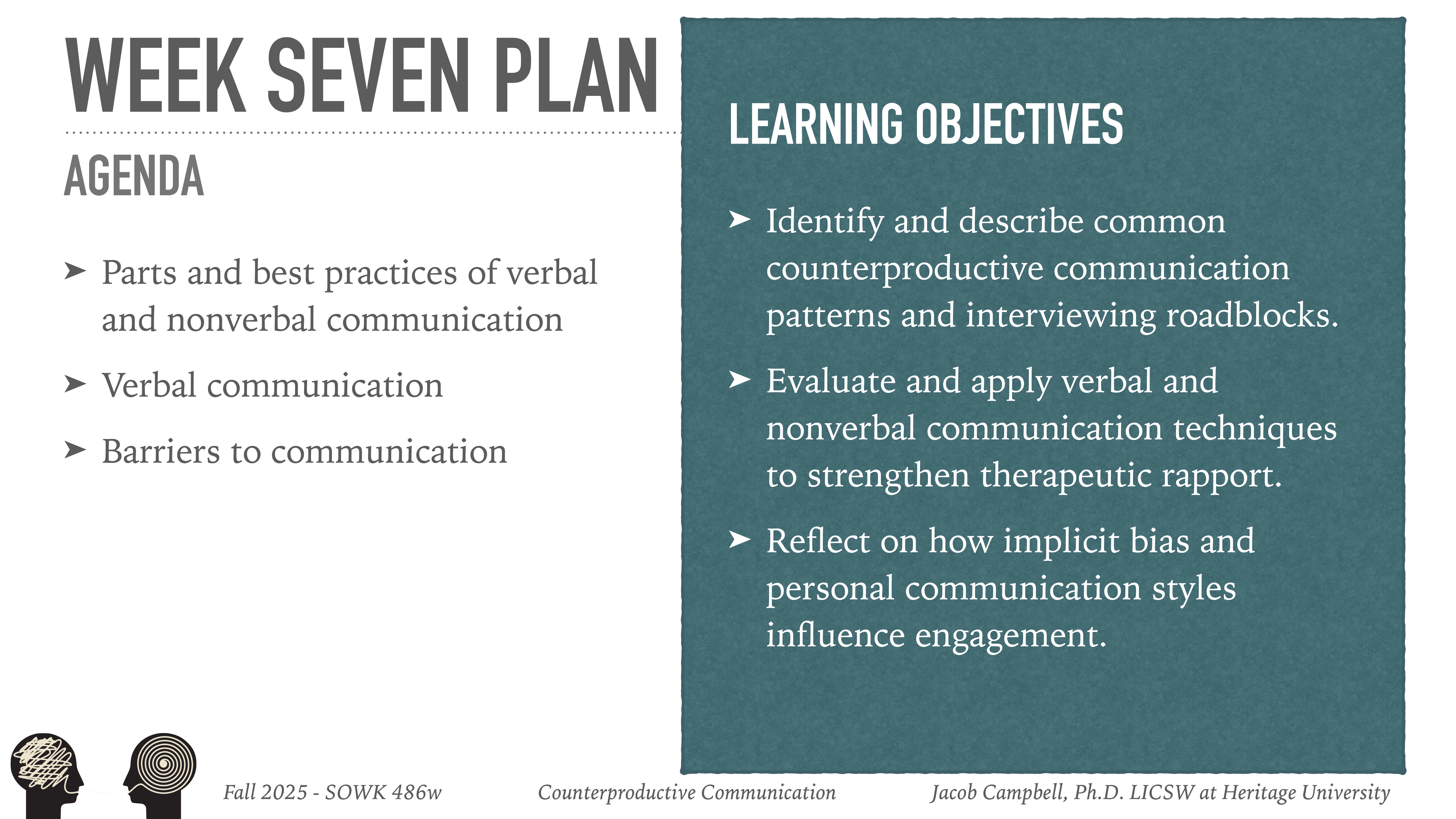 'Slide titled 'Week Seven Plan' lists agenda and learning objectives related to verbal and nonverbal communication. Agenda includes practices and barriers, while objectives focus on patterns, techniques, and biases in communication.'