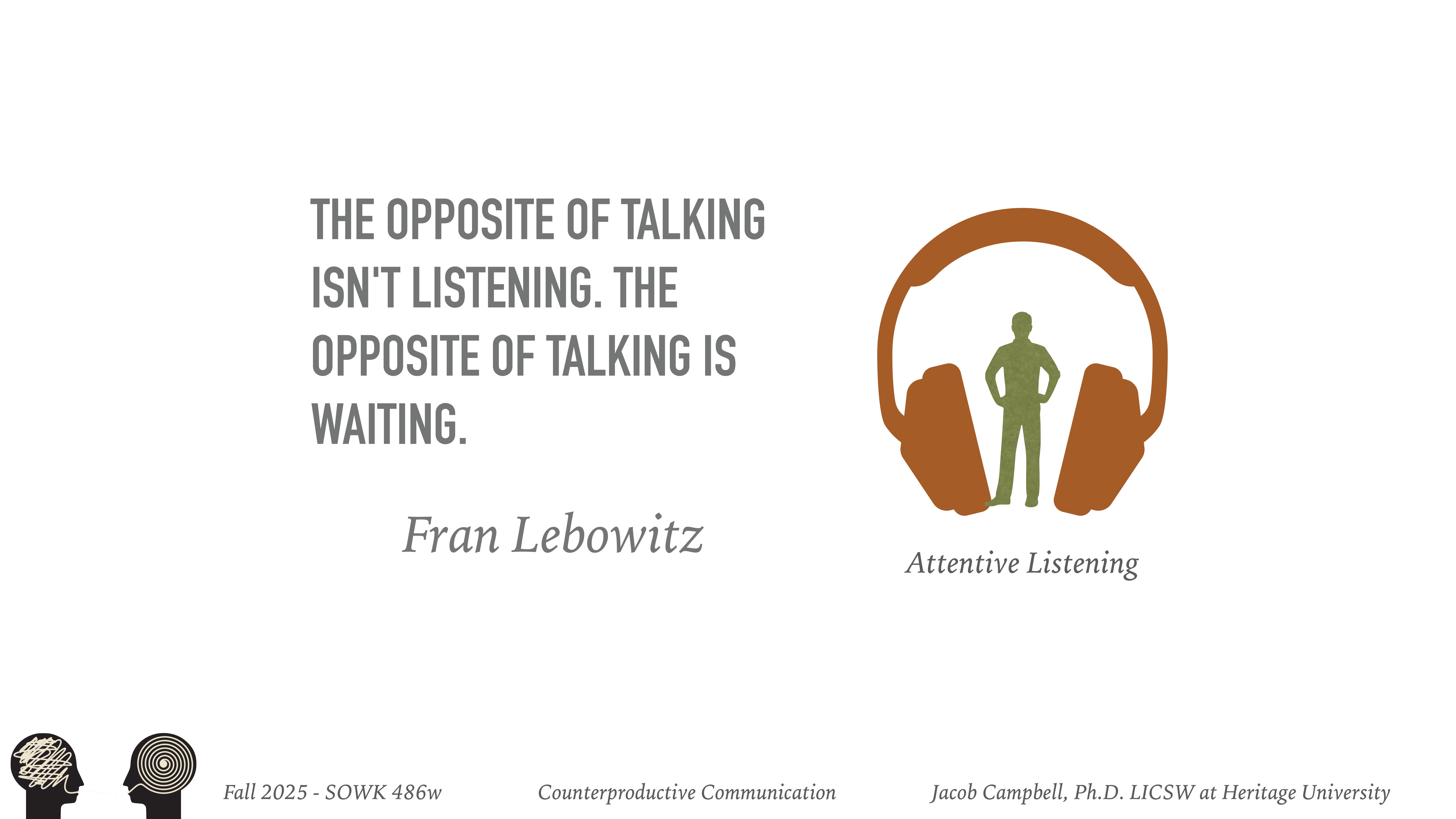 A graphic features a person standing confidently inside a large, overlaid headphone icon. The quote, 'The opposite of talking isn't listening. The opposite of talking is waiting.' by Fran Lebowitz is displayed nearby. Text at the bottom includes: 'Fall 2025 - SOWK 486w Counterproductive Communication Jacob Campbell, Ph.D. LICSW at Heritage University.'
