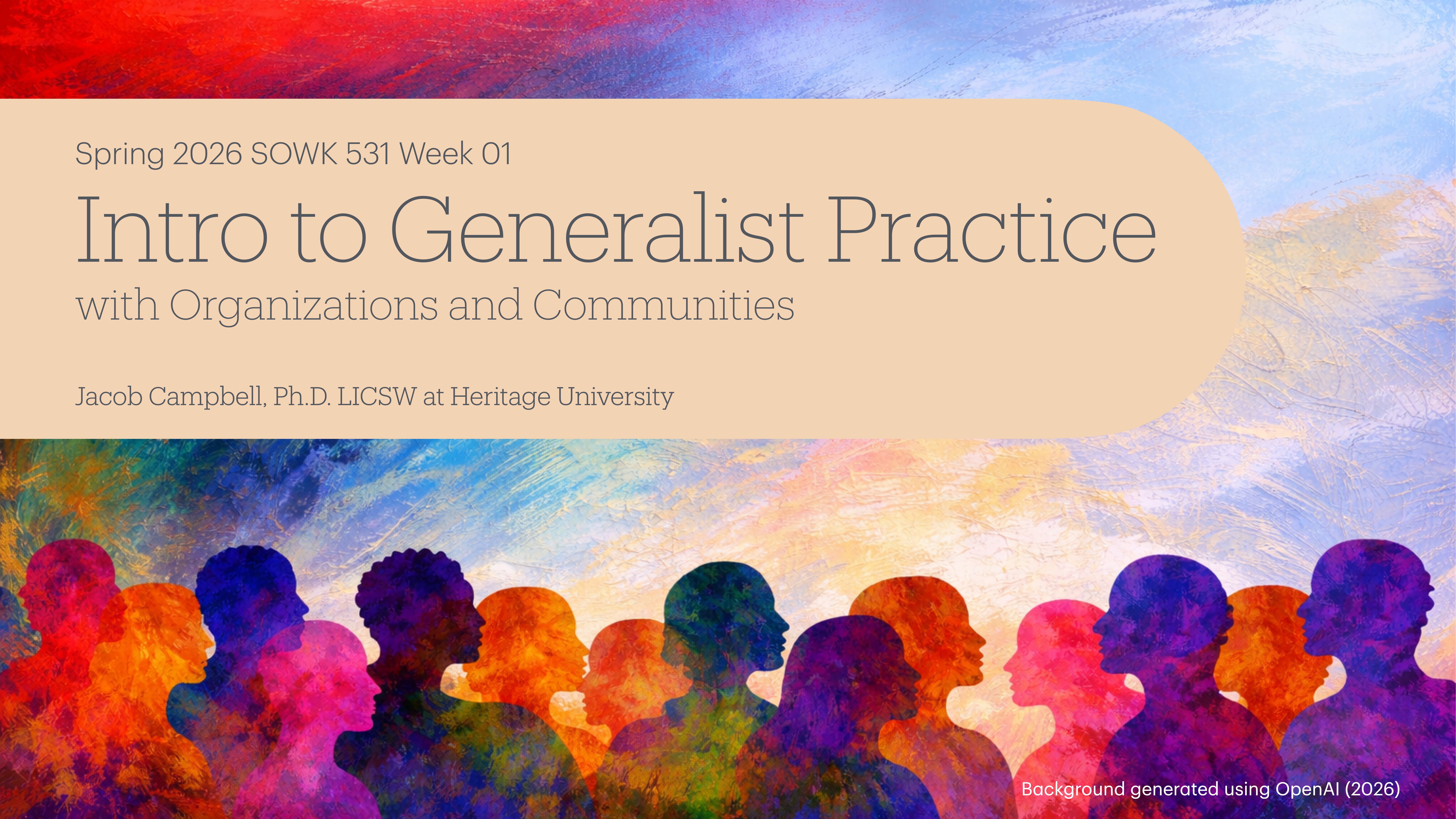 Silhouetted diverse people face each other in vibrant colors, highlighting 'Intro to Generalist Practice with Organizations and Communities,' Spring 2026 SOWK 531 Week 01, by Jacob Campbell at Heritage University.