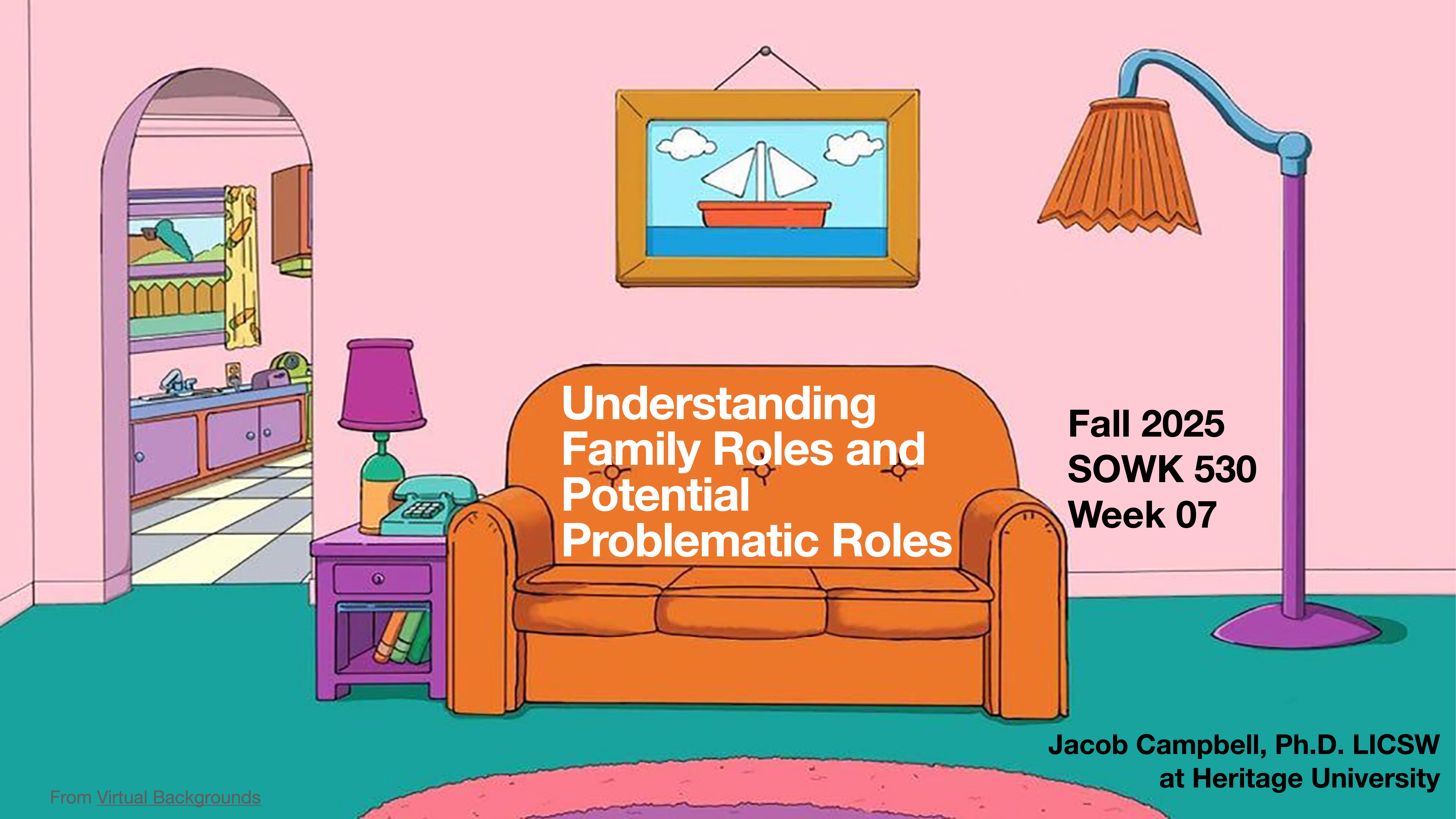 A cartoon-style living room features an orange couch with a framed picture above it, and a lamp beside it. Text includes: 'Understanding Family Roles and Potential Problematic Roles,' 'Fall 2025 SOWK 530 Week 07,' 'Jacob Campbell, Ph.D. LICSW at Heritage University.'