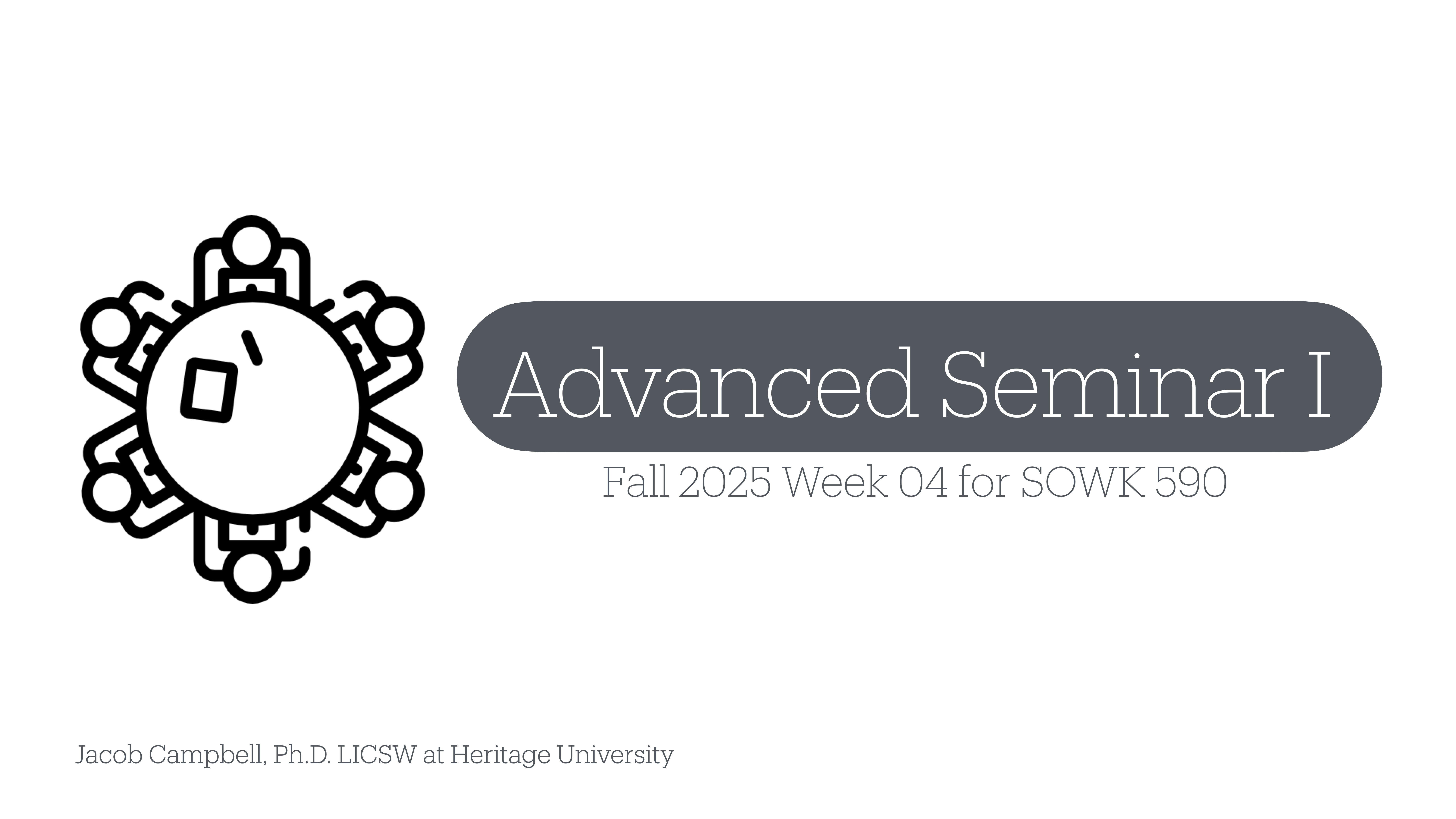 A circular diagram features stylized figures holding hands, symbolizing unity. The text reads, 'Advanced Seminar I, Fall 2025 Week 04 for SOWK 590.' At the bottom: 'Jacob Campbell, Ph.D. LICSW at Heritage University.'