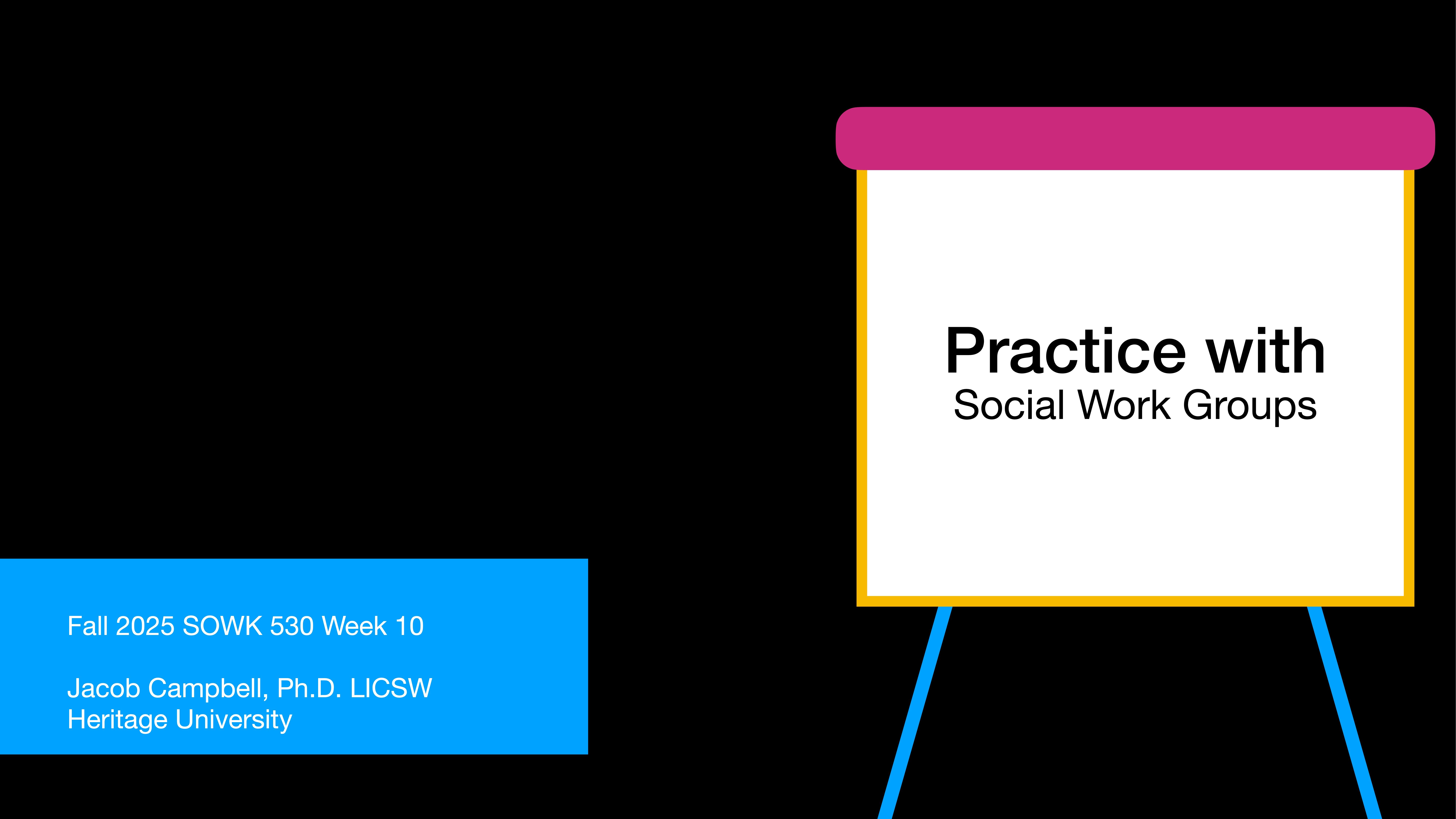 A white flip chart on a black background displays 'Practice with Social Work Groups.' A blue text box reads 'Fall 2025 SOWK 530 Week 10, Jacob Campbell, Ph.D. LICSW, Heritage University.'