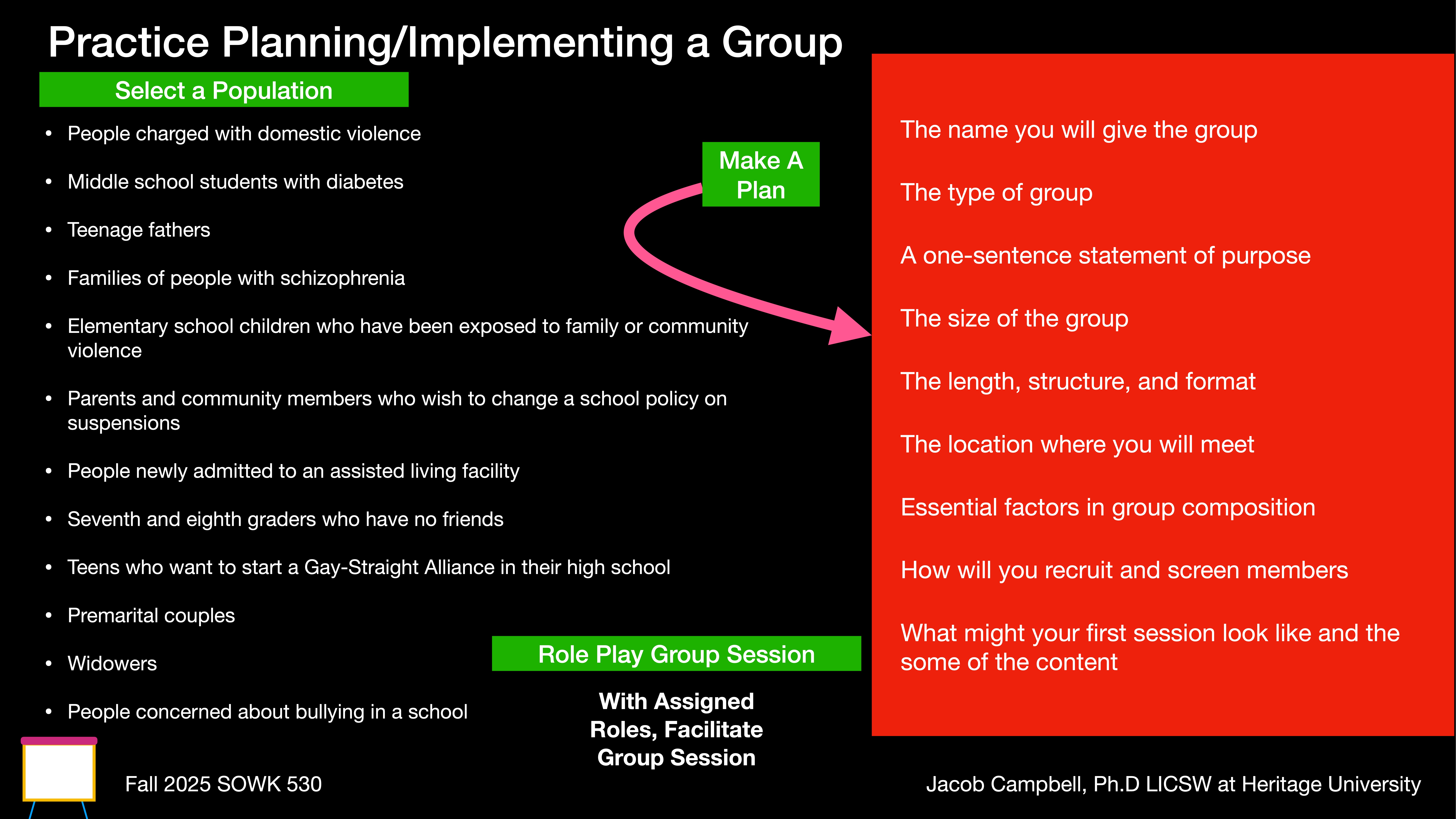 A presentation slide outlines group planning steps with categories: 'Select a Population,' 'Make A Plan,' and 'Role Play Group Session.' It includes detailed text for each section and a fall 2025 course reference.Text highlights:- **Select a Population**: Lists various groups (e.g., people charged with domestic violence, teenage fathers).- **Make A Plan**: Details on naming, type, purpose, size, structure, location, recruitment, session content.- **Role Play Group Session**: Involves assigned roles and facilitation.- **Course Reference**: Fall 2025 SOWK 530, Jacob Campbell, Ph.D. LICSW at Heritage University.
