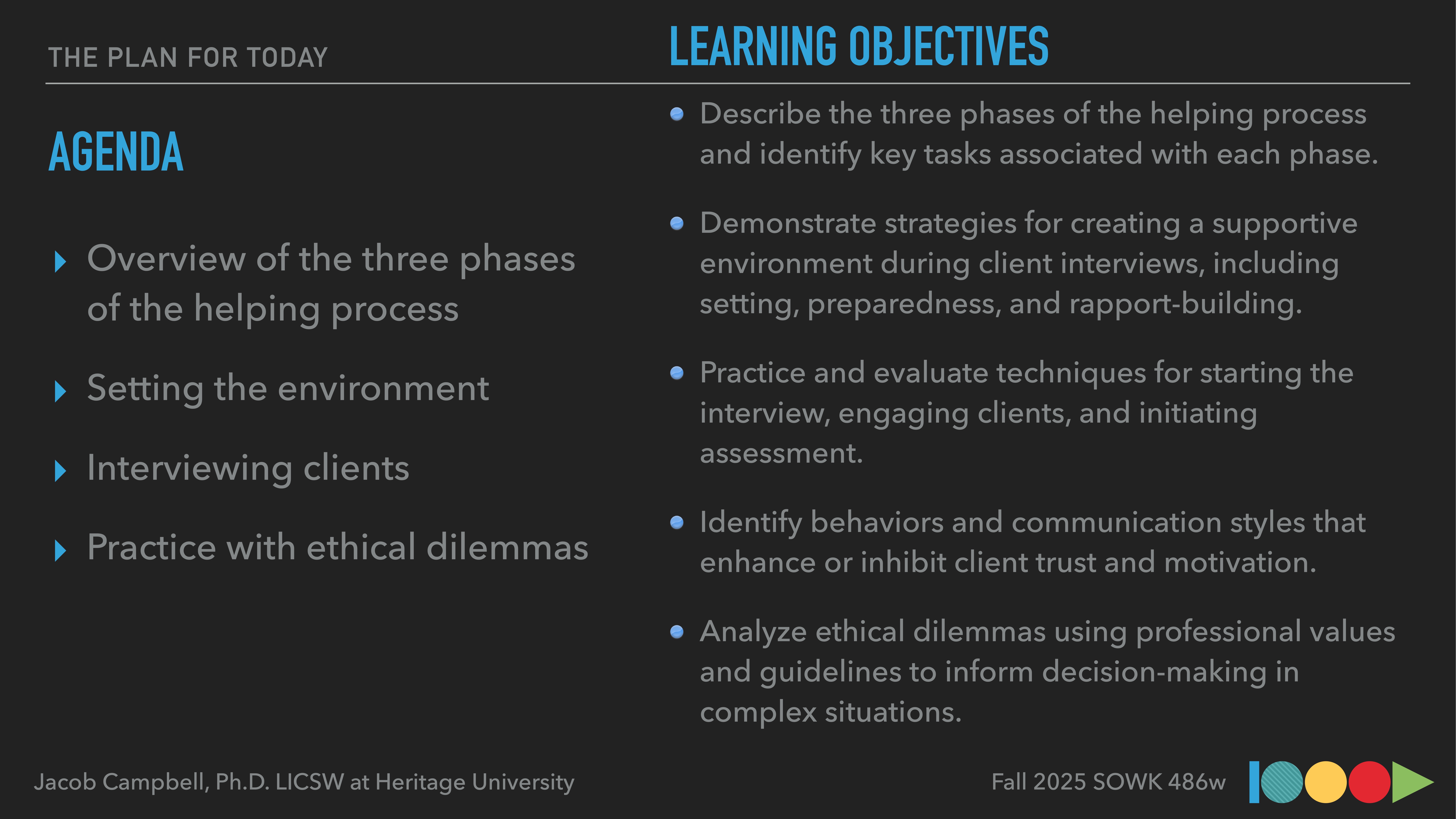 **Object**: Presentation slide**Action**: Displays agenda and learning objectives**Context**: Academic setting, focusing on helping processes**Transcription**:- **Agenda**:   - Overview of the three phases of the helping process  - Setting the environment  - Interviewing clients  - Practice with ethical dilemmas- **Learning Objectives**:  - Describe the three phases of the helping process   - Demonstrate strategies for creating a supportive environment during client interviews   - Practice techniques for interviewing and engaging clients  - Identify behaviors affecting client trust  - Analyze ethical dilemmas using professional values- *Presented by Jacob Campbell, Ph.D. at Heritage University; Fall 2025 SOWK 486w*