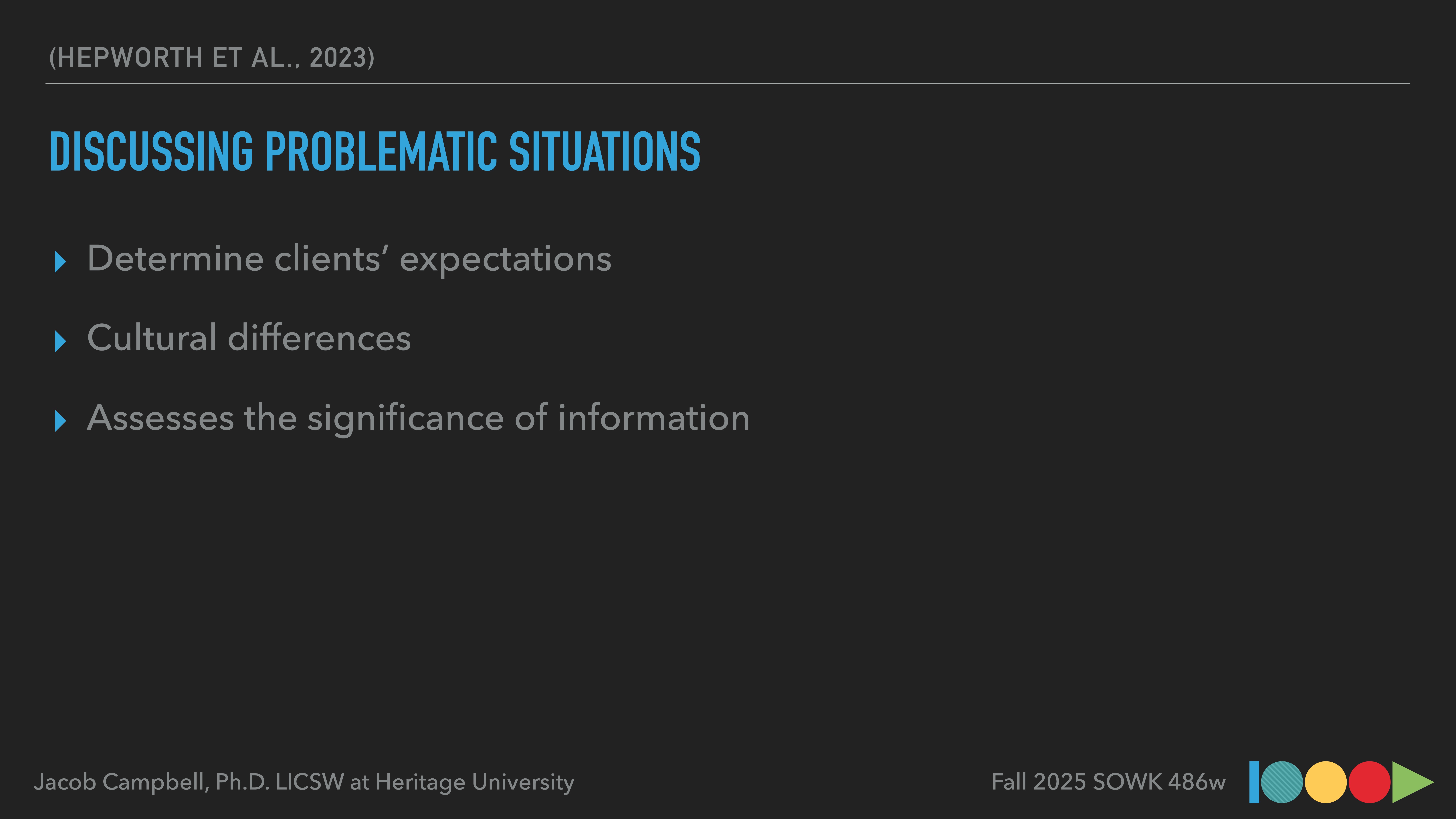 Slide presents text in a presentation format. Title: 'Discussing Problematic Situations.' Bullet points: 1) Determine clients’ expectations. 2) Cultural differences. 3) Assess the significance of information. Footer: Jacob Campbell, Ph.D. LICSW at Heritage University, Fall 2025 SOWK 486w.