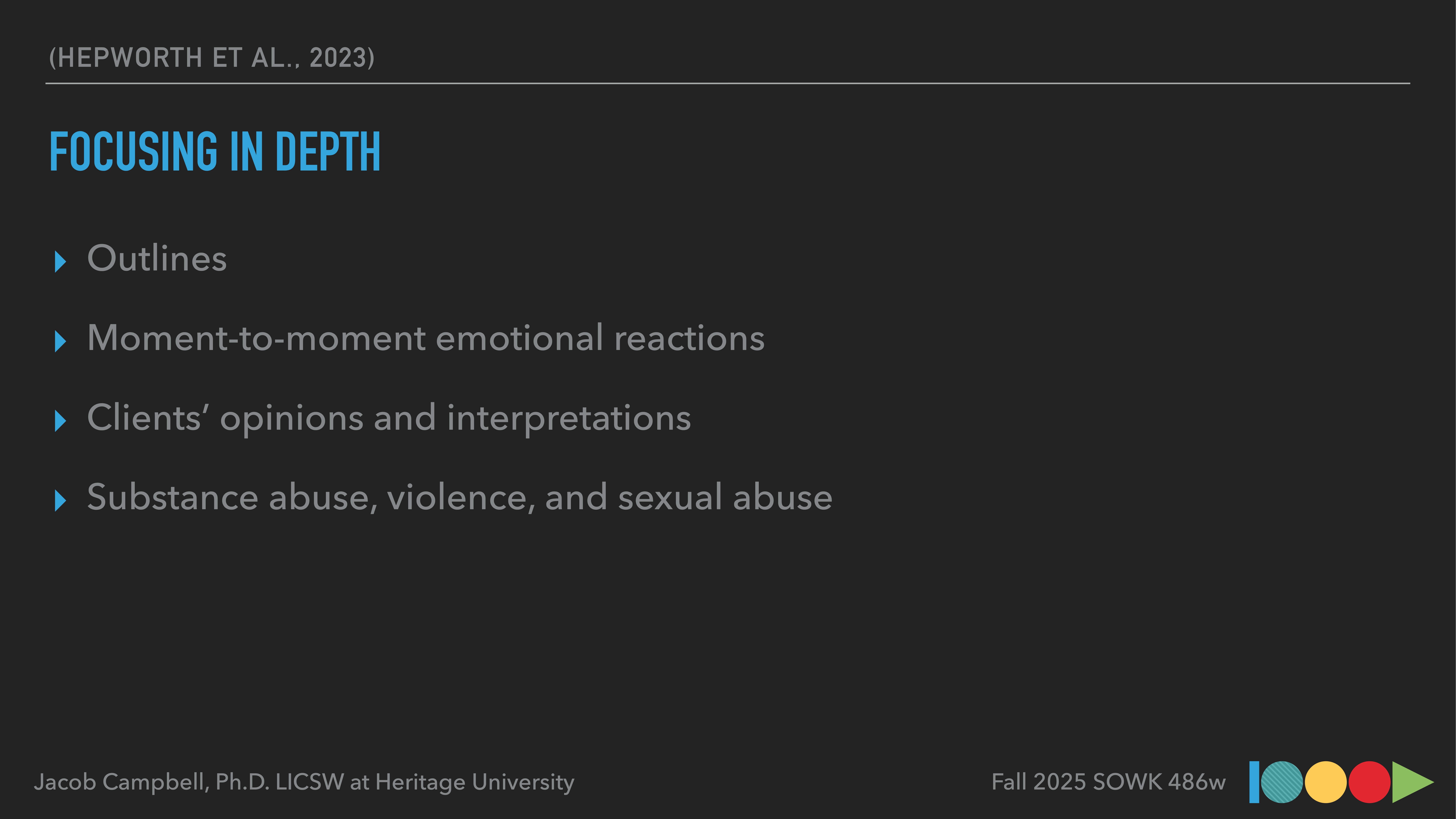 Slide featuring text. Discusses concepts of 'Focusing in Depth' with points: 'Outlines,” “Moment-to-moment emotional reactions,” “Clients’ opinions and interpretations,” “Substance abuse, violence, and sexual abuse.” Mentioned source: 'Hepworth et al., 2023.'