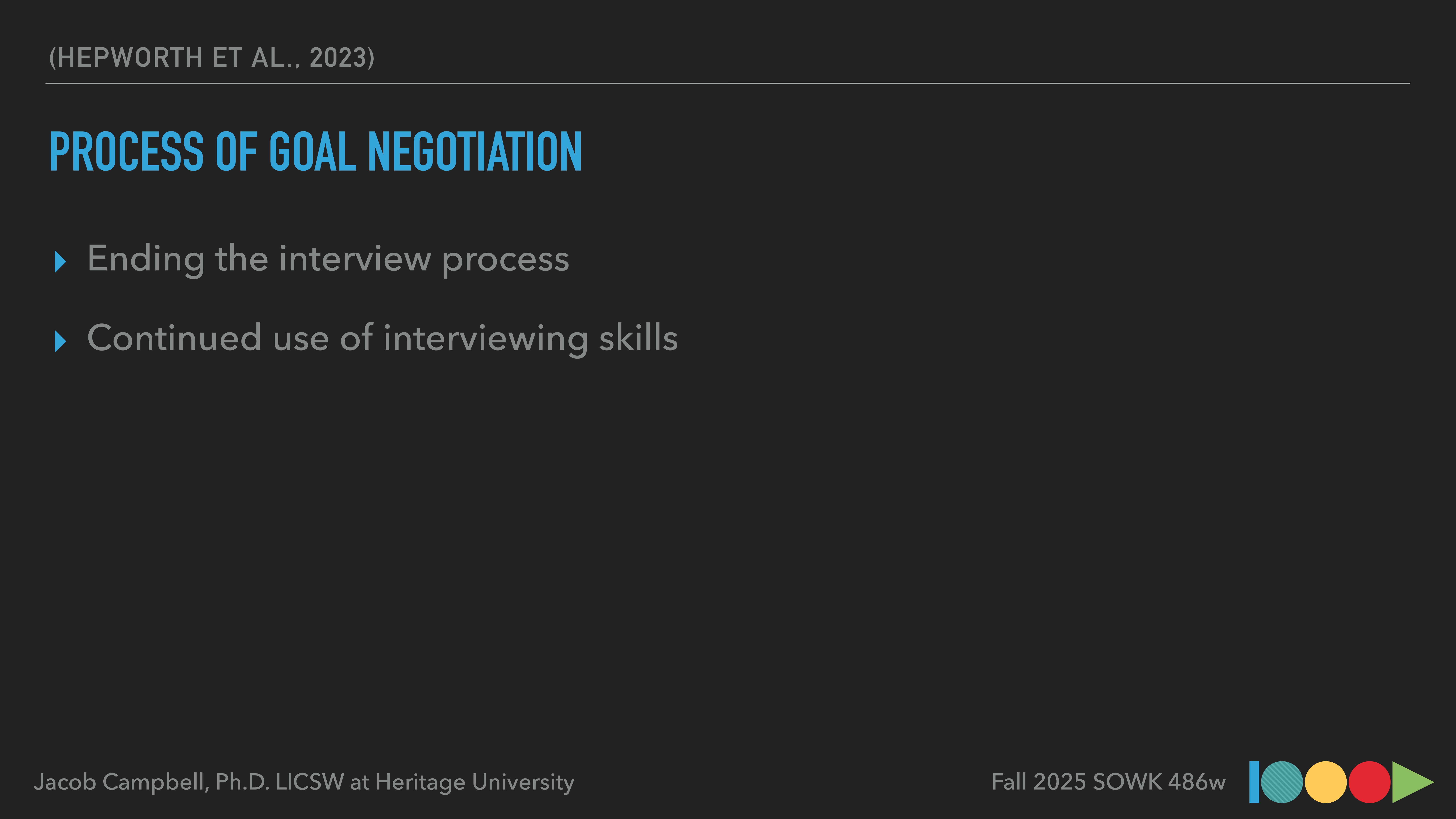 Slide with text outlines the 'Process of Goal Negotiation,' featuring points like 'Ending the interview process' and 'Continued use of interviewing skills.' Includes credit to Jacob Campbell at Heritage University, Fall 2025 SOWK 486w.