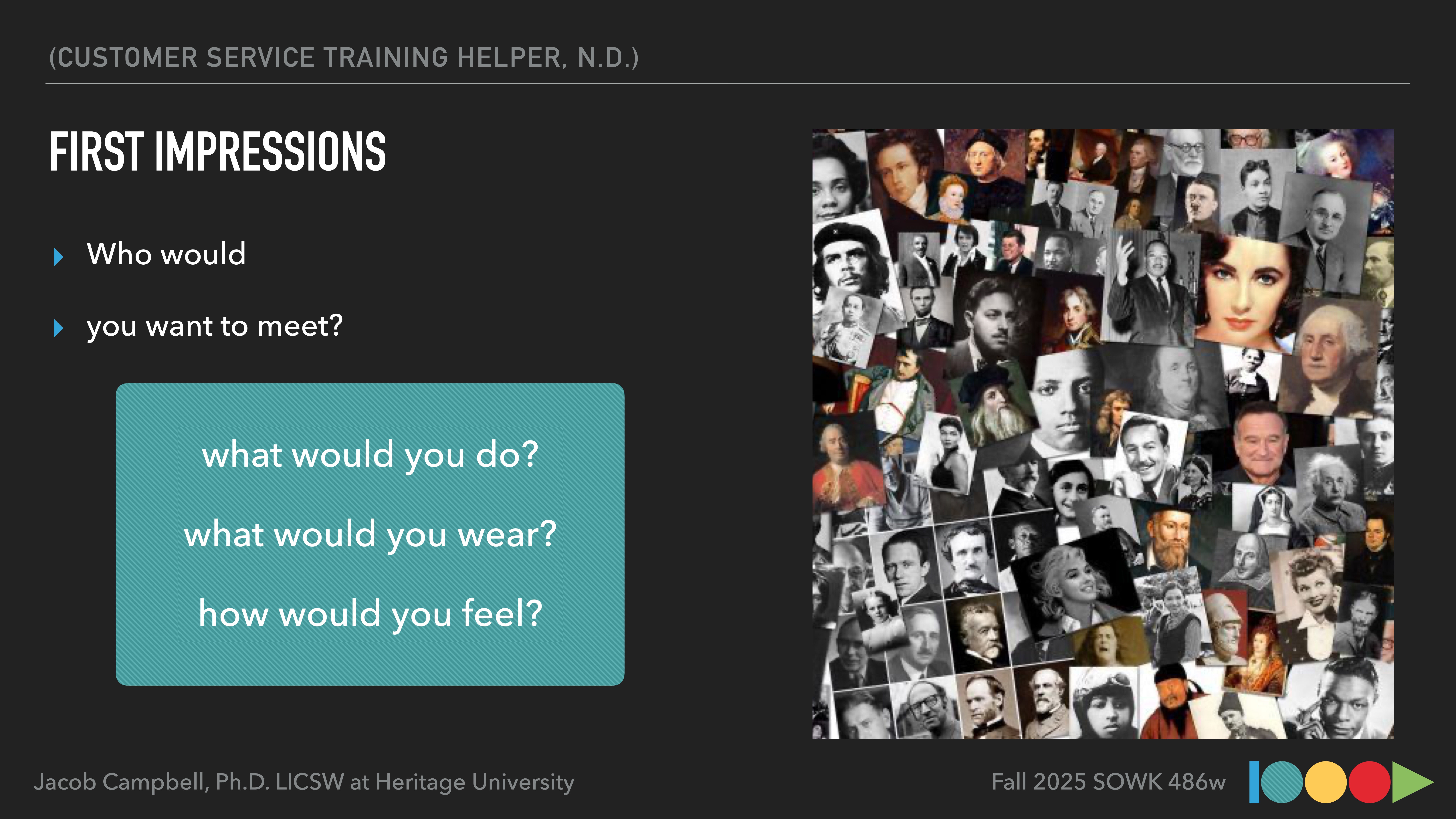 Slide featuring a collage of black-and-white and color photos of people; text includes 'FIRST IMPRESSIONS,' questions like 'Who would you want to meet?' and 'What would you do?' plus course details and author info.