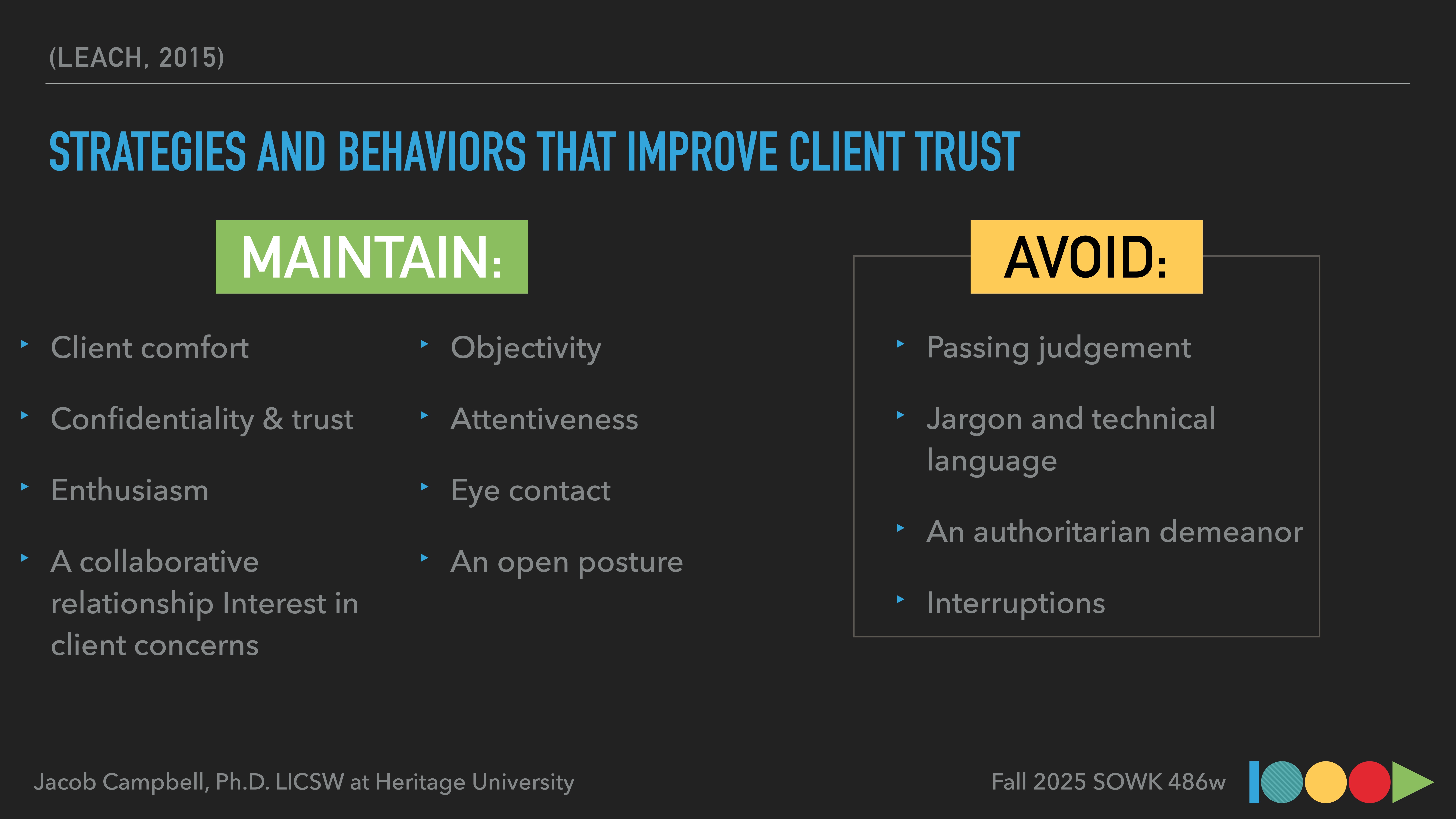The slide lists strategies for improving client trust. Key actions include maintaining comfort, trust, and attentiveness, while avoiding judgment and interruptions. It references Jacob Campbell, Ph.D., at Heritage University.