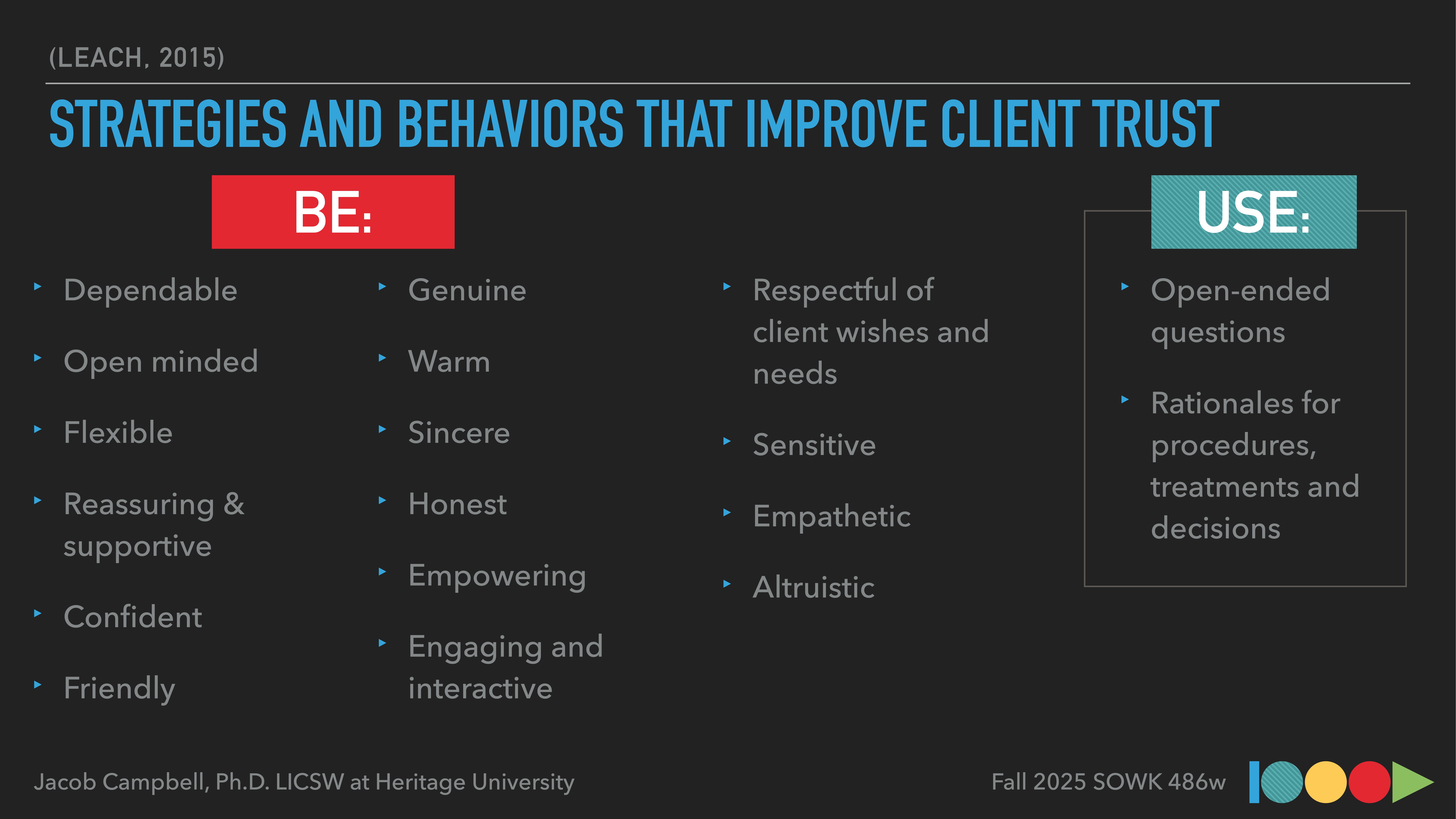 **Object**: Slide with text  **Action**: Describes strategies  **Context**: Presentation environment**Text**:Strategies and behaviors that improve client trust include being dependable, open-minded, flexible, and friendly. Use open-ended questions and provide rationales for procedures, treatments, and decisions.