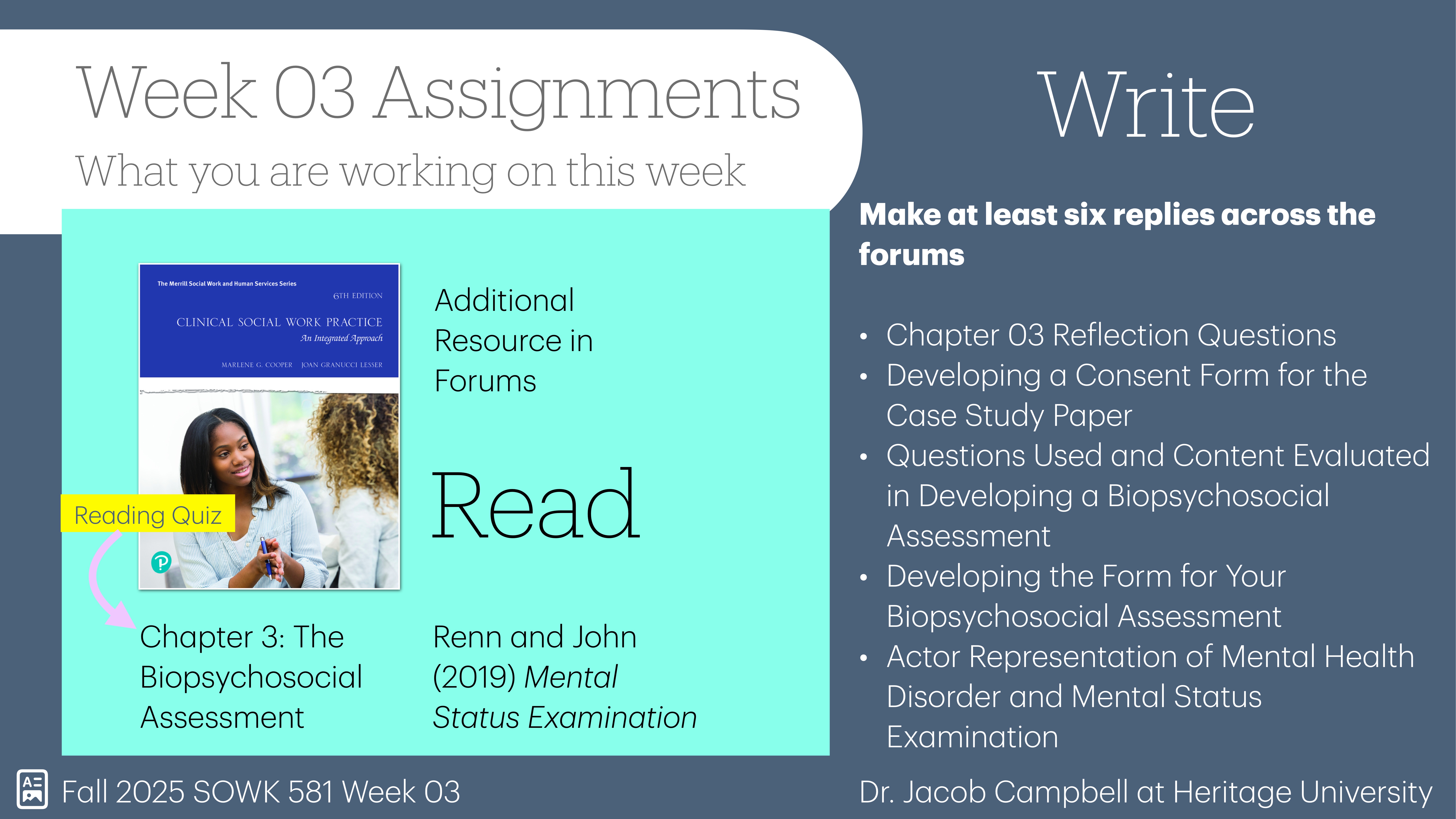Slide displays 'Week 03 Assignments' detailing tasks for the course SOWK 581. It includes reading 'Chapter 3: The Biopsychosocial Assessment' from 'Mental Status Examination' by Renn and John. Students are to write and make at least six forum replies. Topics include reflection questions, developing consent forms, and assessment content. Instructor: Dr. Jacob Campbell, Heritage University.