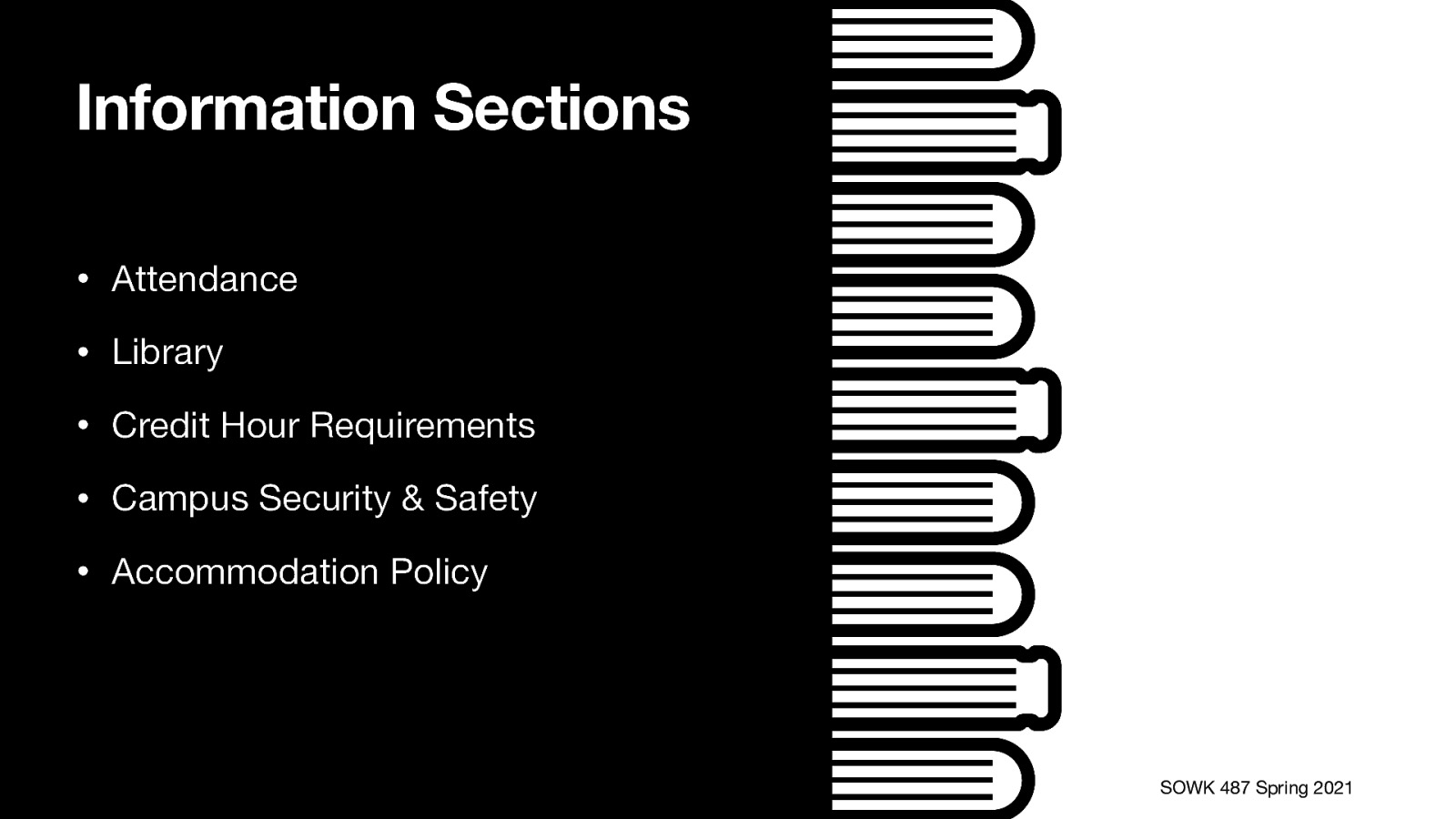  Attendance  Grading Being responsible (professionalism EPAS 1.1)   Library  Toppanish info   Credit Hour Requirements  Framework to give an idea about what to expect with a course.   Campus Security & Safety  Contact information Snow days   Accommodation Policy  Options and help available   
