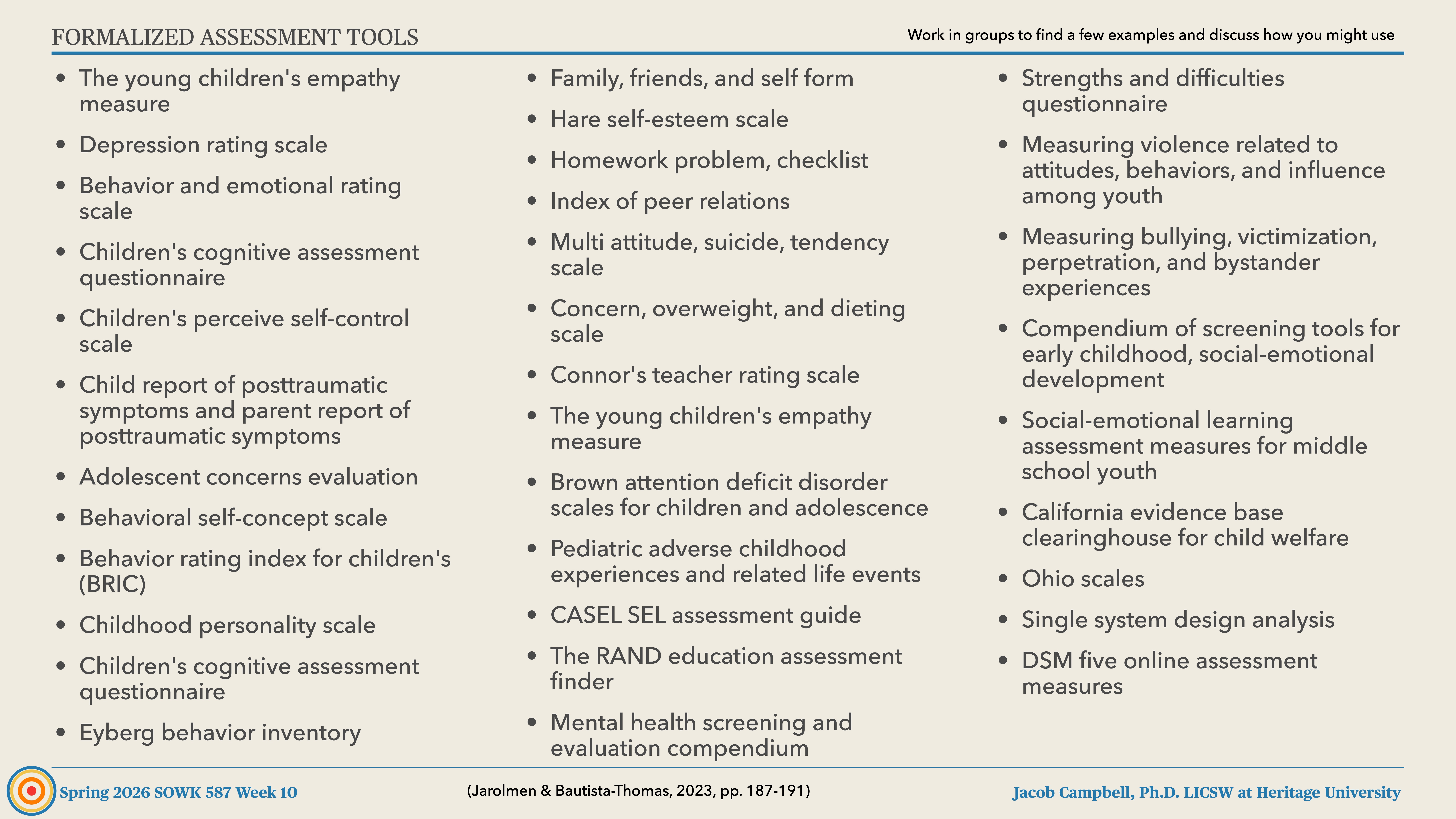 The image is a slide listing 'Formalized Assessment Tools' such as empathy measures and self-control scales. It prompts group discussion about their use. Text credits: 'Jarolmen & Bautista-Thomas, 2023, pp. 187-191.'