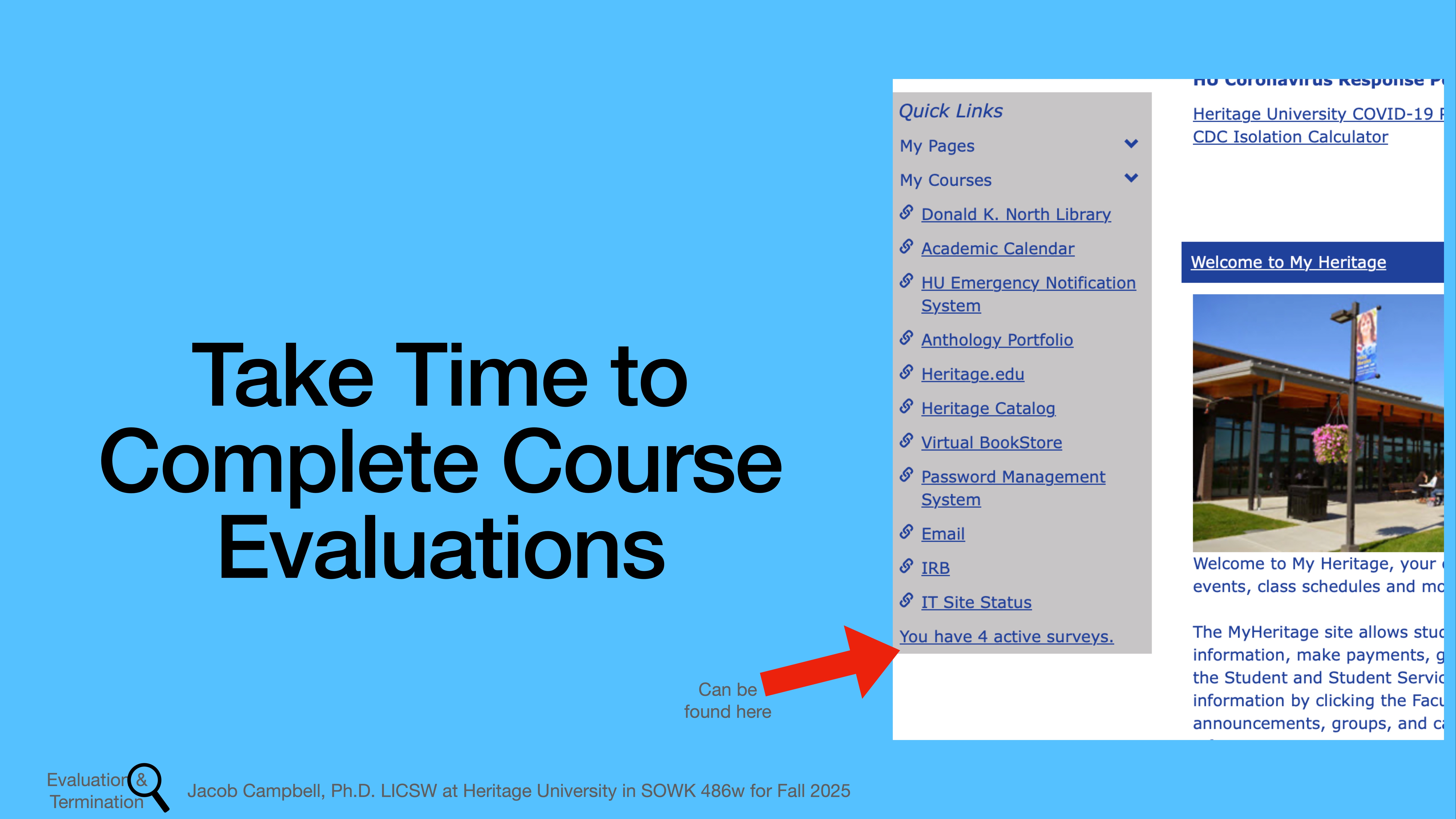 Text on a blue slide encourages: 'Take Time to Complete Course Evaluations.' A website sidebar lists quick links, highlighted by a red arrow pointing to active surveys. This image relates to Heritage University.Text includes: - 'Quick Links' - 'You have 4 active surveys.'- 'Welcome to My Heritage'- 'Jacob Campbell, Ph.D. LICSW at Heritage University in SOWK 486w for Fall 2025'