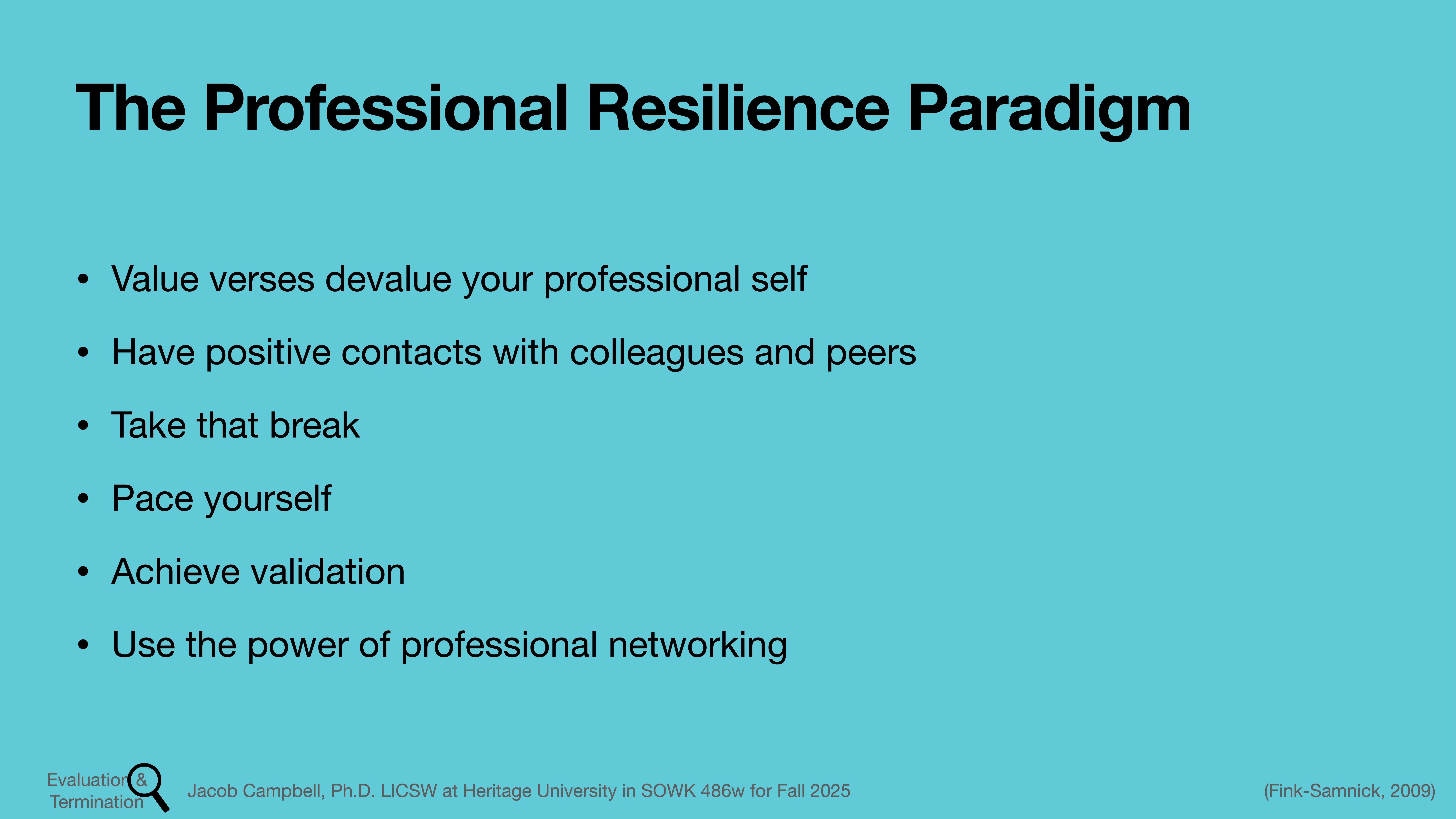 Slide displaying 'The Professional Resilience Paradigm' in bold text, listing six strategies for professional resilience: valuing self, positive contacts, breaks, pacing, validation, and networking. Credited to Jacob Campbell and Fink-Samnick.