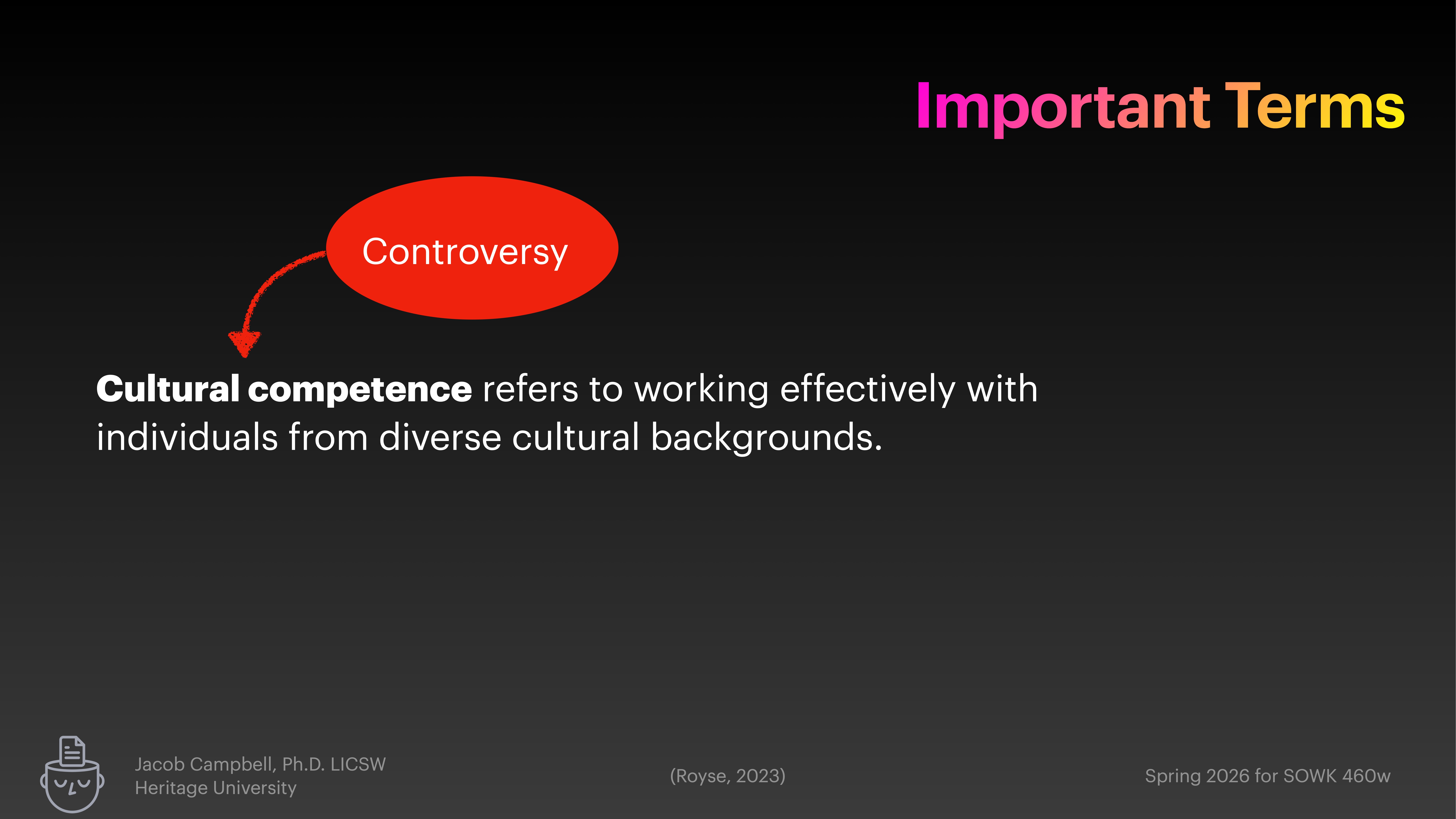 The slide features text on a black background. In red, 'Controversy' points to 'Cultural competence refers to working effectively with individuals from diverse cultural backgrounds.' Title: 'Important Terms.' Credits: Jacob Campbell, Ph.D., LICSW, Heritage University. Course: Spring 2026 for SOWK 460w. Source: (Royse, 2023).