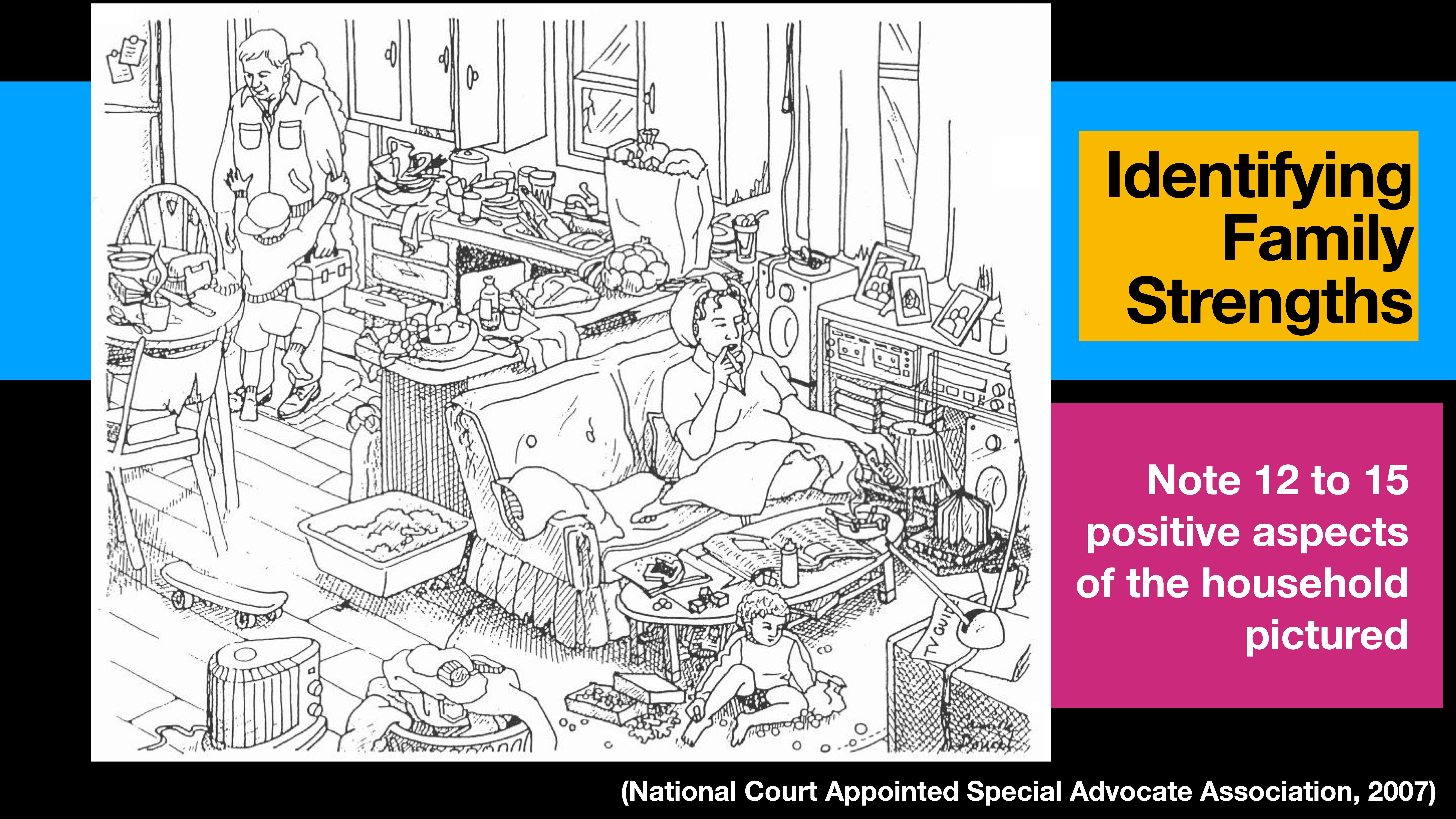 The image depicts a cluttered living room with one person reading on a couch and another cooking. Text prompts identify 12 to 15 positive household aspects. (National CASA Association, 2007)