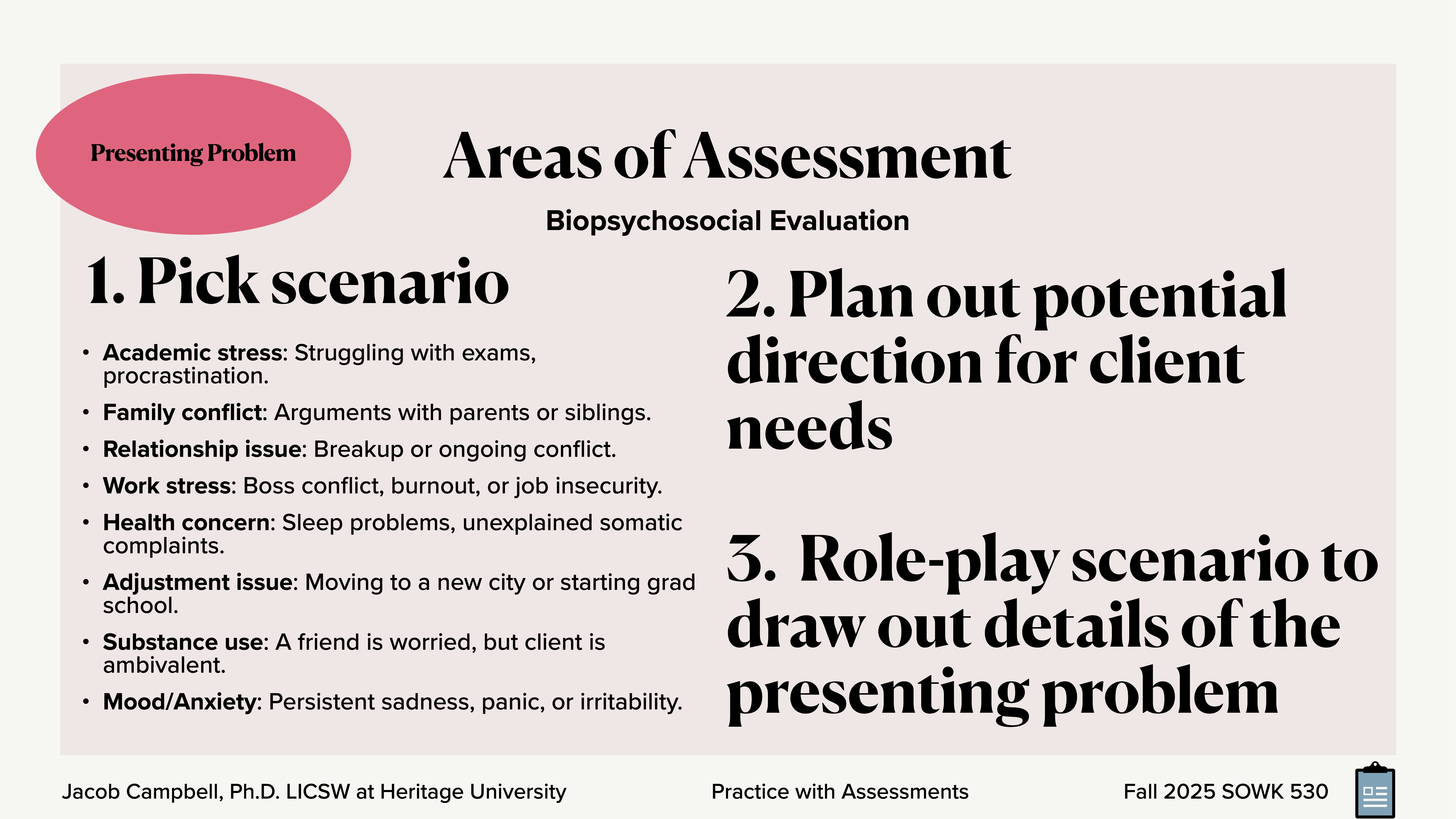 Slide displaying a biopsychosocial evaluation process in three steps: pick scenario, plan direction for client needs, role-play scenario. Includes examples of academic stress, family conflict, relationship issues, etc.