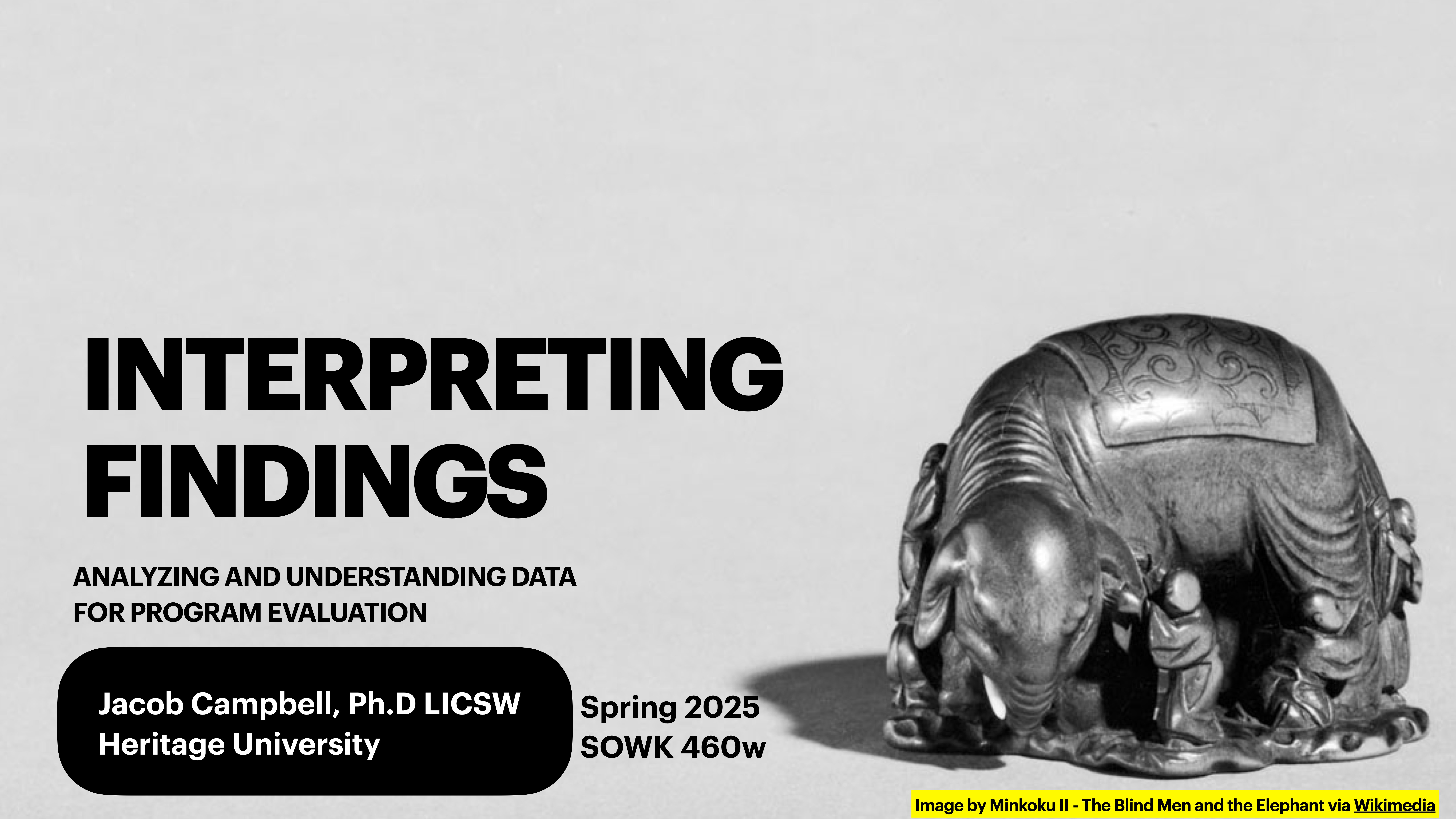 Statue of elephant with figures examines it; set against a presentation slide. Text: 'INTERPRETING FINDINGS. Analyzing and Understanding Data for Program Evaluation. Jacob Campbell, Ph.D LICSW, Heritage University. Spring 2025, SOWK 460w.' Image credit: 'Minokuki II - The Blind Men and the Elephant via Wikimedia.'