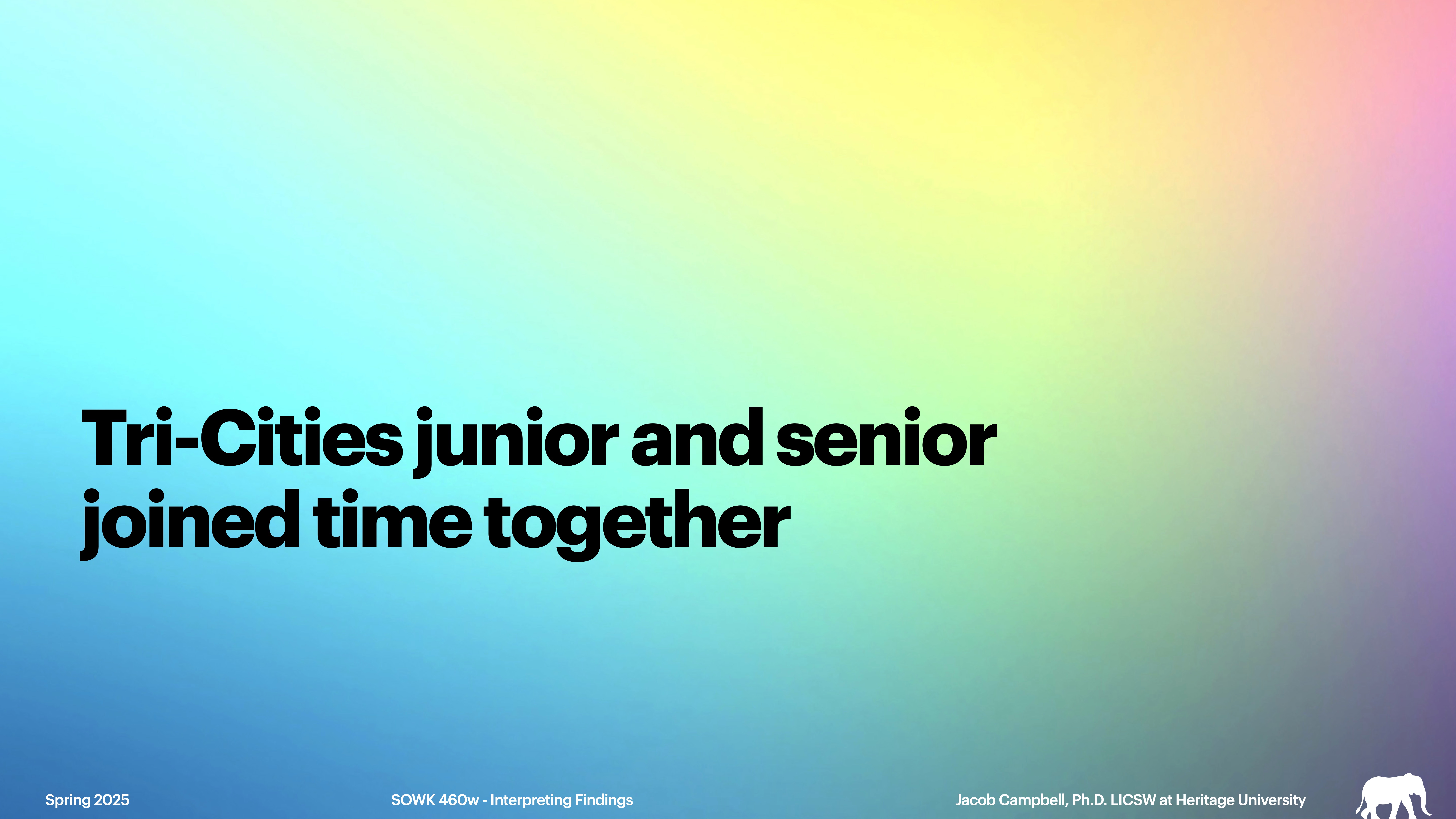 Text reads: 'Tri-Cities junior and senior joined time together.' Background features a gradient of light blue, yellow, and pink hues. Additional text: 'Spring 2025,' 'SOWK 460w - Interpreting Findings,' 'Jacob Campbell, Ph.D. LICSW at Heritage University.'