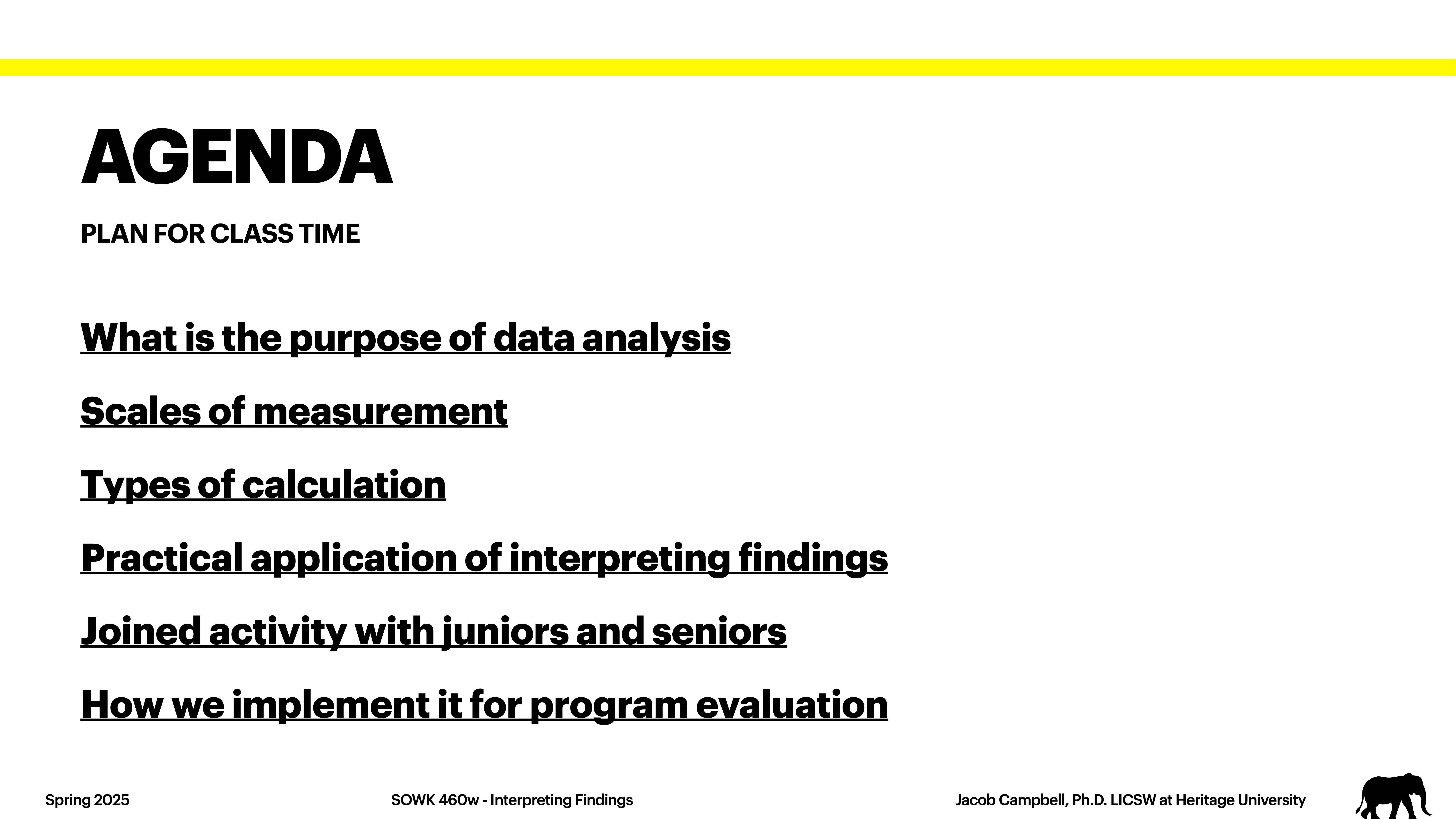 **Object**: Presentation slide.**Action**: Lists agenda items.**Context**: Educational setting; covers data analysis, measurement scales, calculation types, findings interpretation, joint activities, and program evaluation implementation. Features course info and the instructor's name, 'Spring 2025' and 'SOWK 460w - Interpreting Findings' at the bottom.