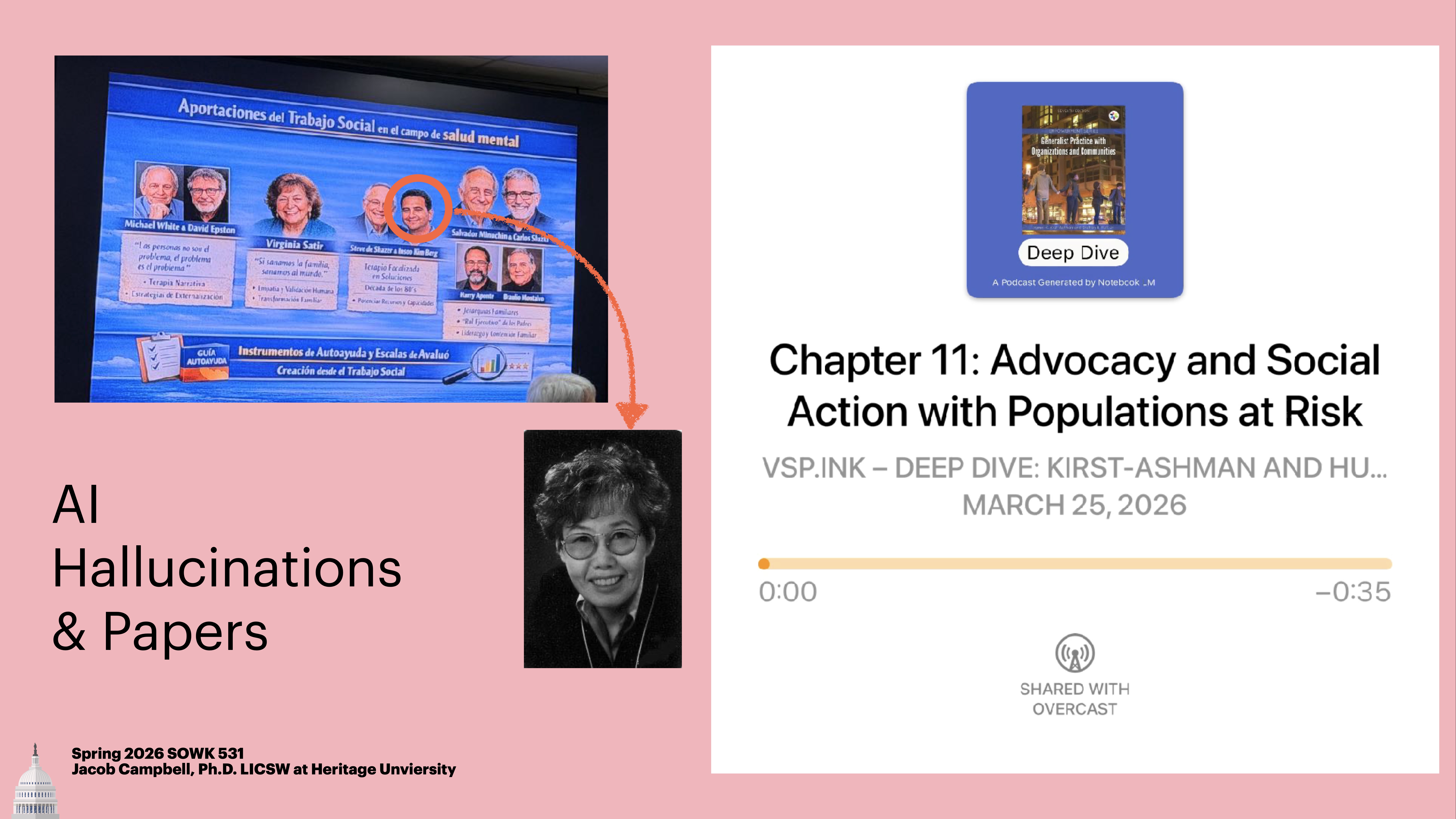 A presentation slide displays text and images. On the left, there's a blue screen with photos and text about 'AI Hallucinations & Papers.' A central black-and-white photo of a person is highlighted below it. On the right, an audio clip titled 'Chapter 11: Advocacy and Social Action with Populations at Risk' is shown with playback controls. The slide includes text: 'Spring 2026 SOWK 531, Jacob Campbell, Ph.D., LICSW at Heritage University.'