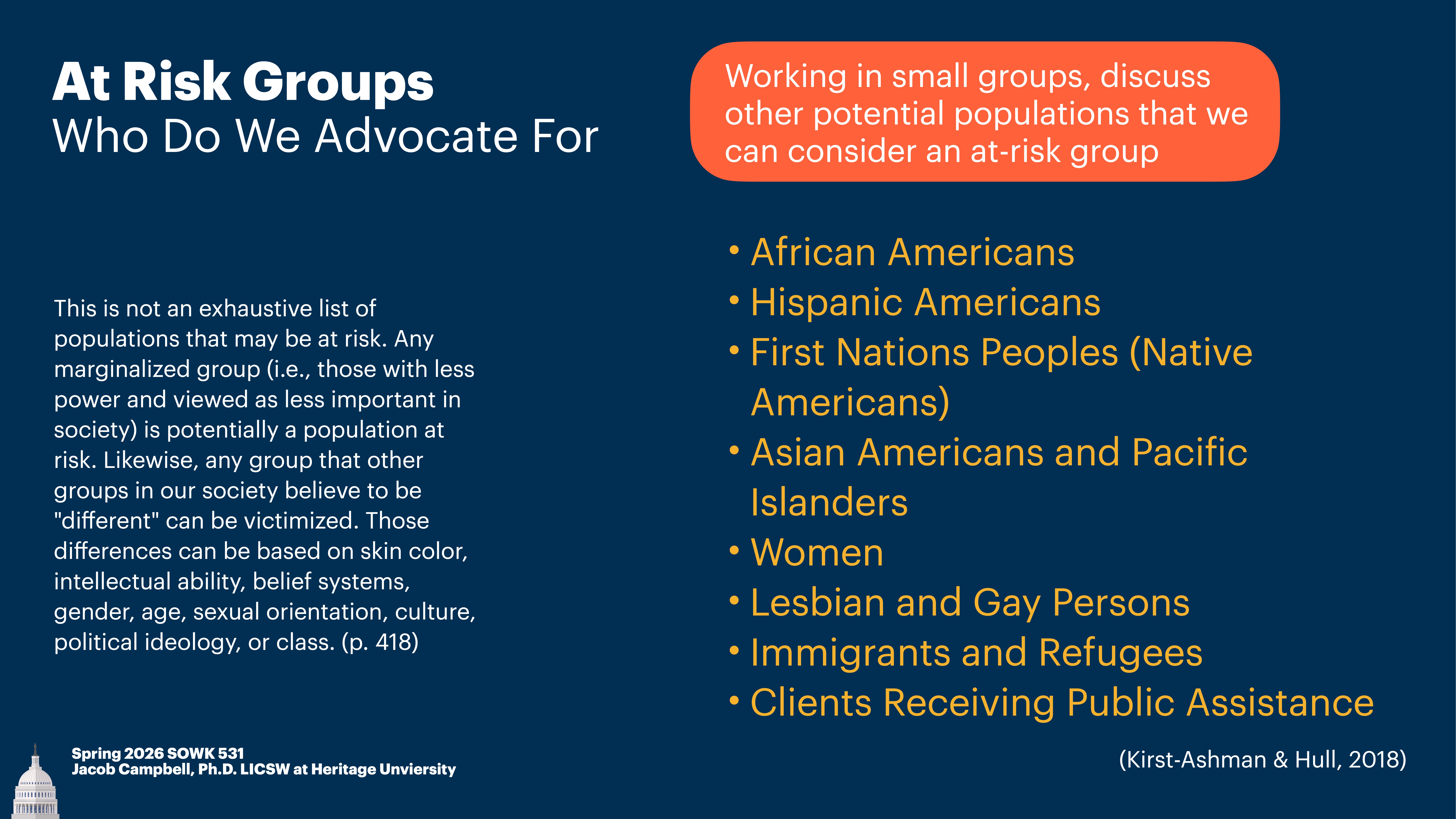 **Object**: Presentation slide**Action**: Lists at-risk groups**Context**: Discussing advocacy for marginalized populations**Text**: - Title: 'At Risk Groups Who Do We Advocate For'- Groups listed: African Americans, Hispanic Americans, First Nations Peoples (Native Americans), Asian Americans and Pacific Islanders, Women, Lesbian and Gay Persons, Immigrants and Refugees, Clients Receiving Public Assistance.- Text box: 'Working in small groups, discuss other potential populations that we can consider an at-risk group'- Additional info mentions not an exhaustive list, criteria include characteristics like skin color, beliefs, etc. (p. 418). - Citation: (Kirst-Ashman & Hull, 2018)- Footer: 'Spring 2026 SOWK 531 Jacob Campbell, Ph.D., LICSW at Heritage University'