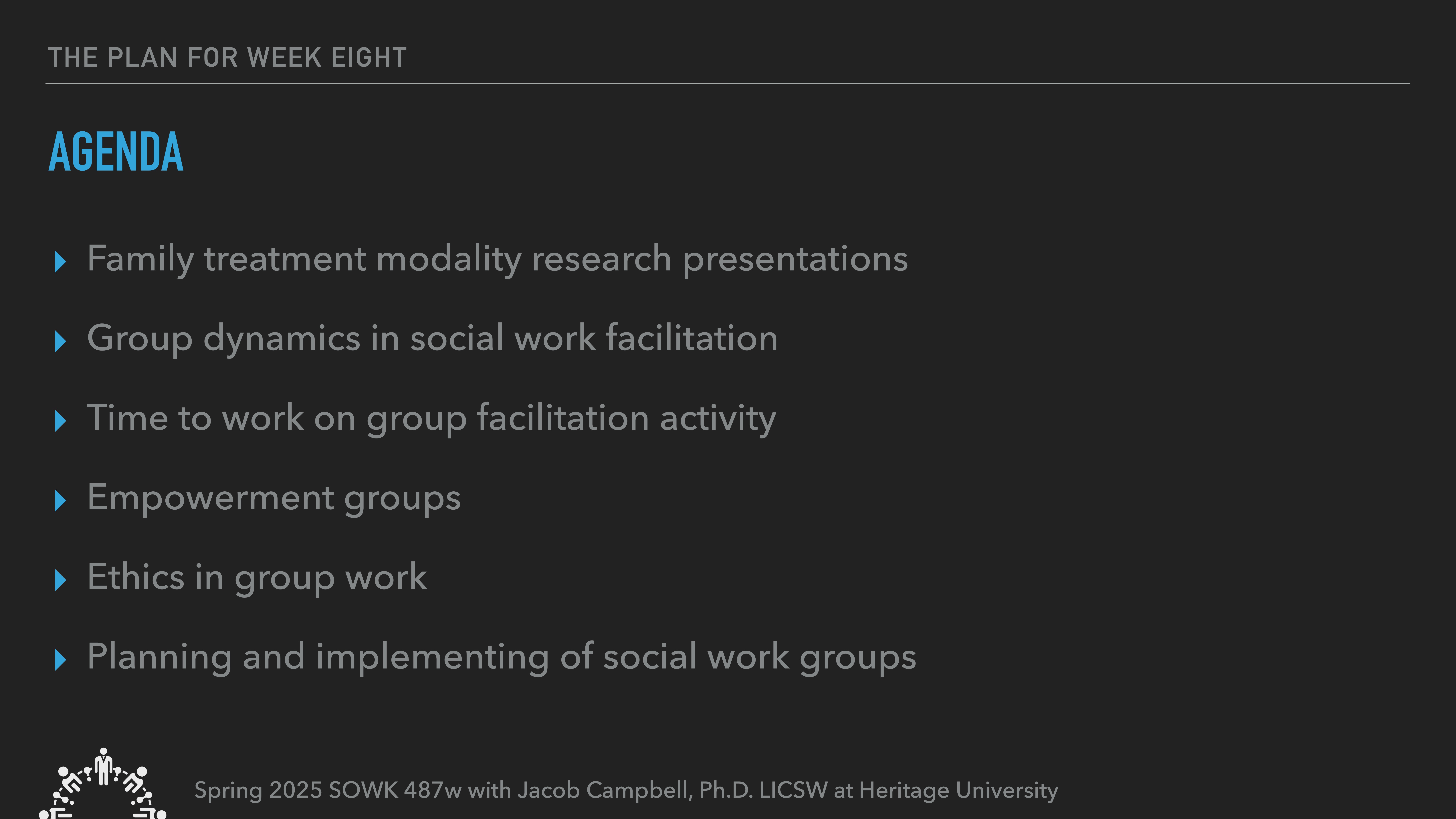 The slide lists an agenda with items: family treatment presentations, group dynamics, facilitation time, empowerment groups, ethics, and planning in social work. It's for Spring 2025 SOWK 487w at Heritage University.