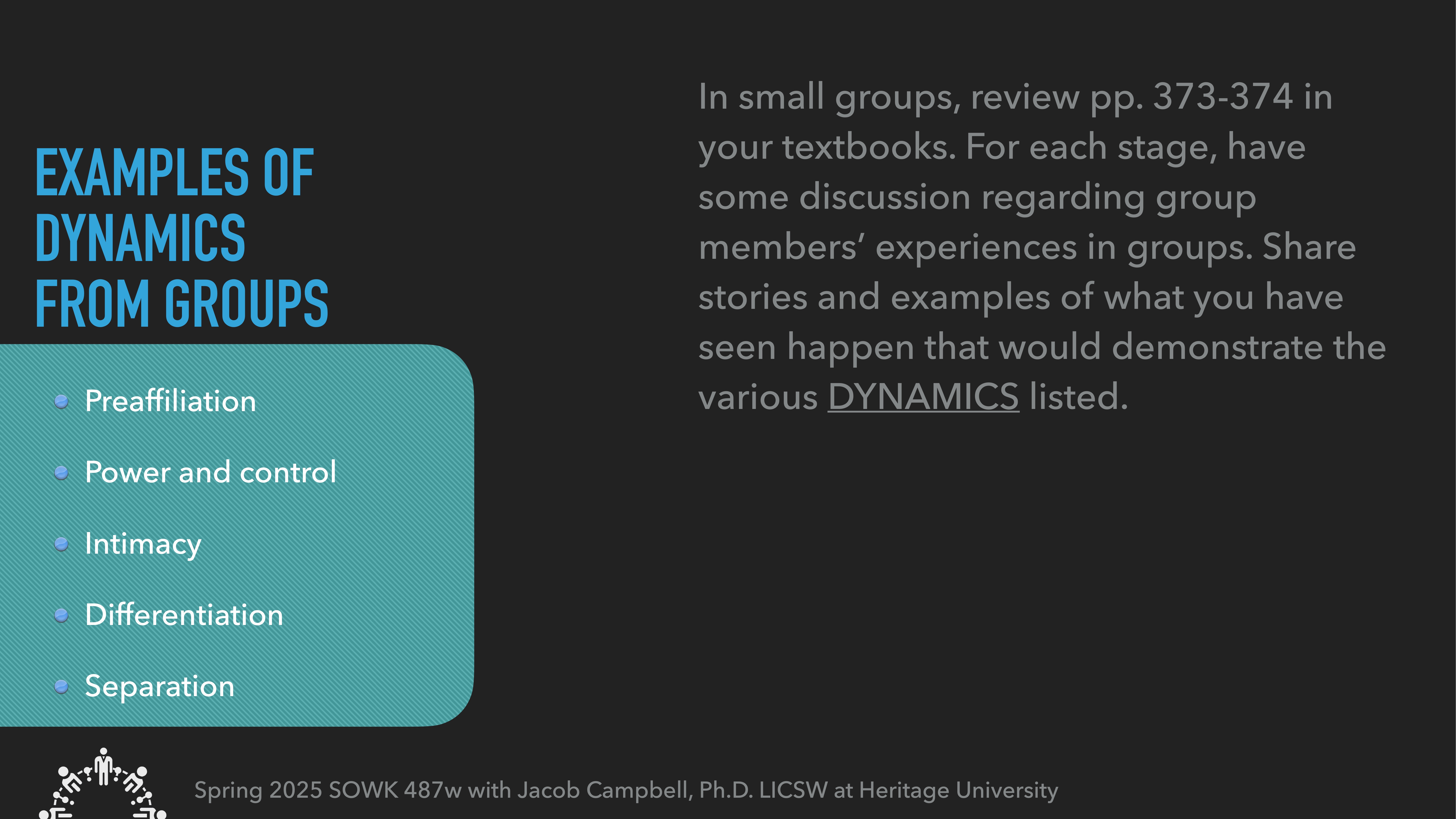 A presentation slide lists group dynamics: preaffiliation, power and control, intimacy, differentiation, separation. Instructions for discussion are given. Course: Spring 2025 SOWK 487w with Jacob Campbell at Heritage University.