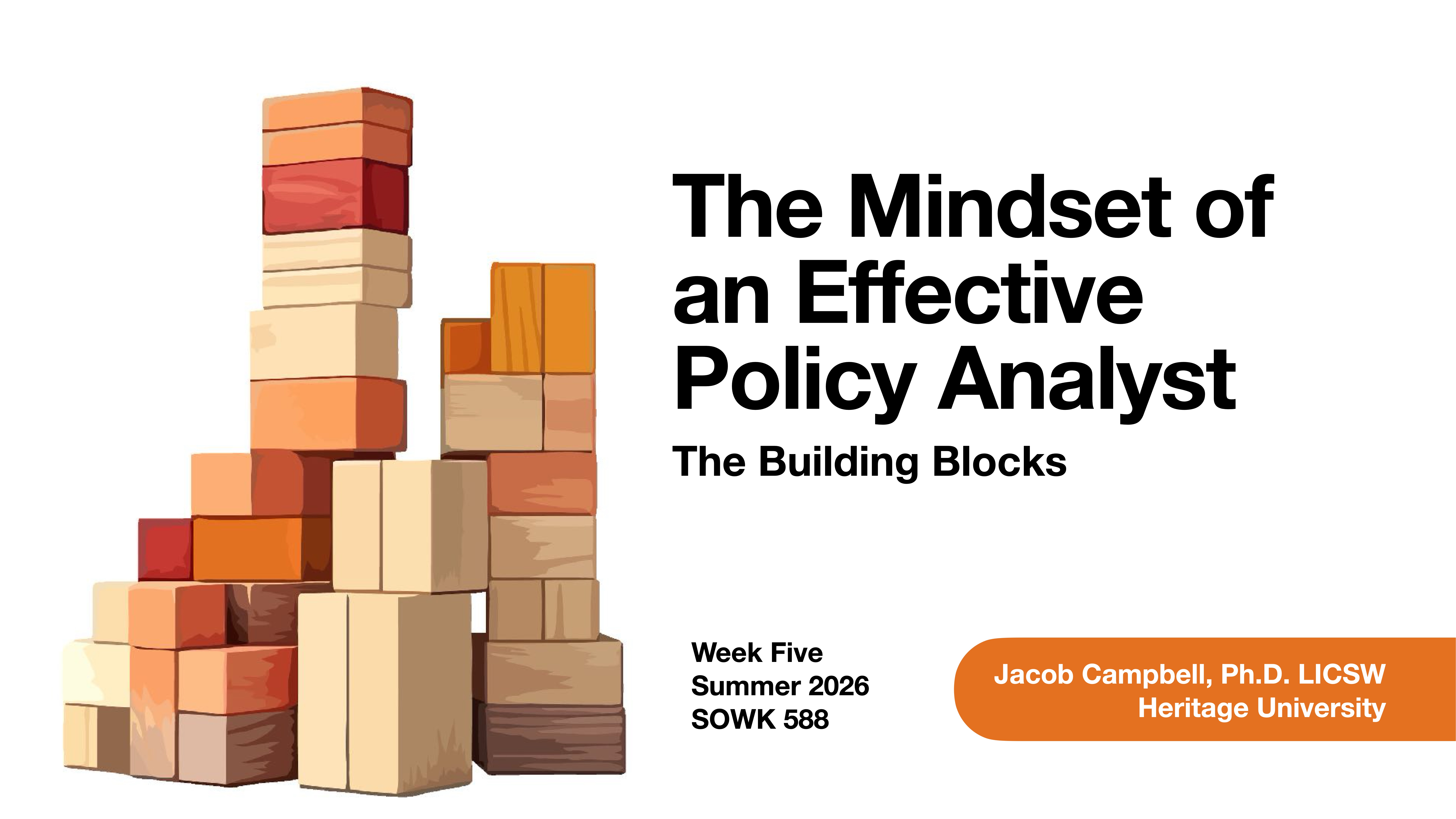 Stacked wooden blocks stand upright, illustrating stability. Text reads: 'The Mindset of an Effective Policy Analyst: The Building Blocks.' Additional text: 'Week Five, Summer 2026, SOWK 588, Jacob Campbell, Ph.D., LICSW, Heritage University.'