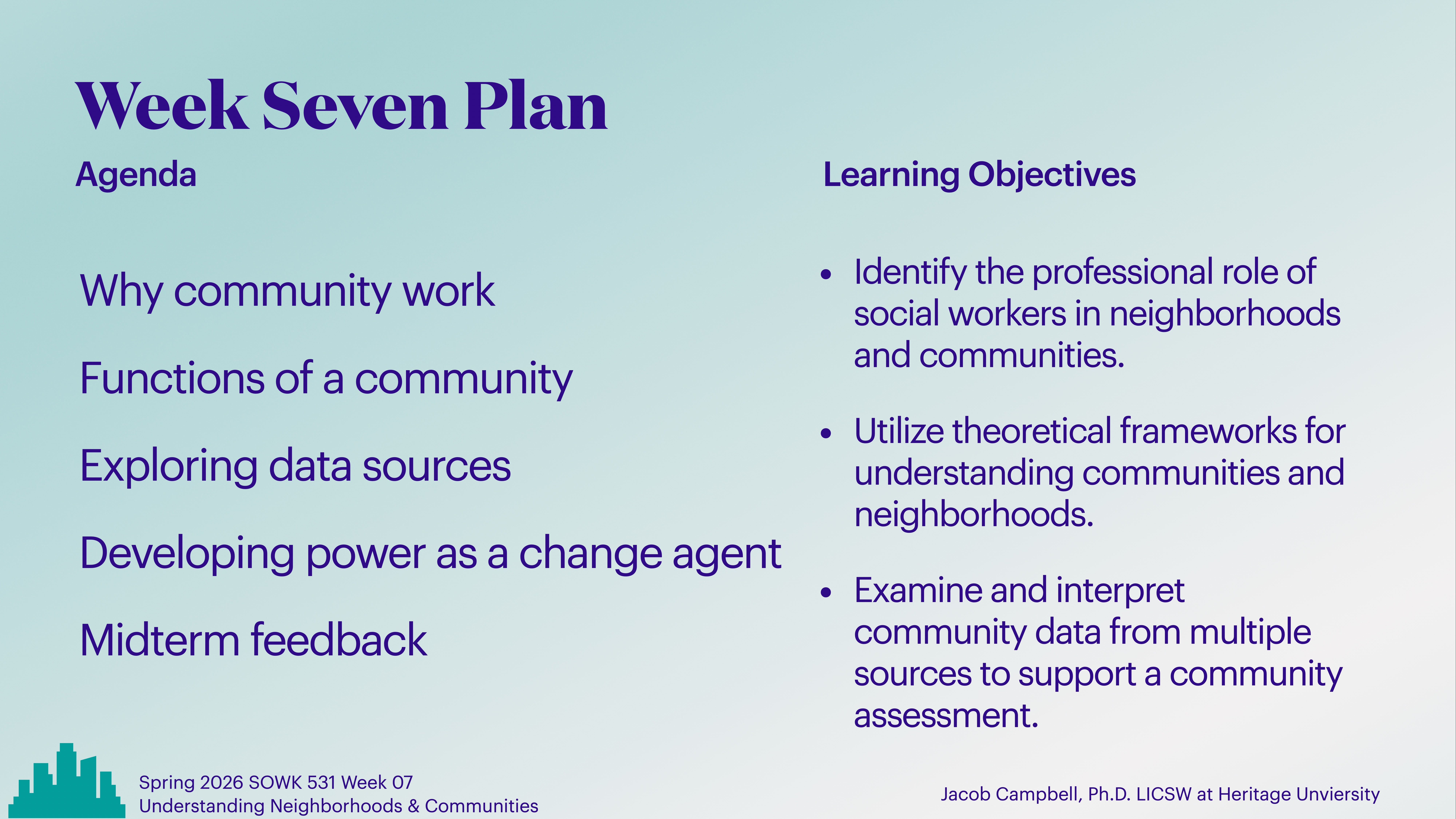 **Object:** Presentation slide  **Action:** Displays agenda and learning objectives  **Context:** Week seven plan includes topics on community work, data sources, and power dynamics. Objectives involve understanding social work roles and community data interpretation.**Text:**  - **Agenda:** Why community work; Functions of a community; Exploring data sources; Developing power as a change agent; Midterm feedback.  - **Learning Objectives:** Identify social workers' roles; Utilize frameworks for communities; Examine and interpret community data.  - **Course Info:** Spring 2026 SOWK 531 Week 07, Understanding Neighborhoods & Communities.  - **Instructor:** Jacob Campbell, Ph.D., LICSW at Heritage University.