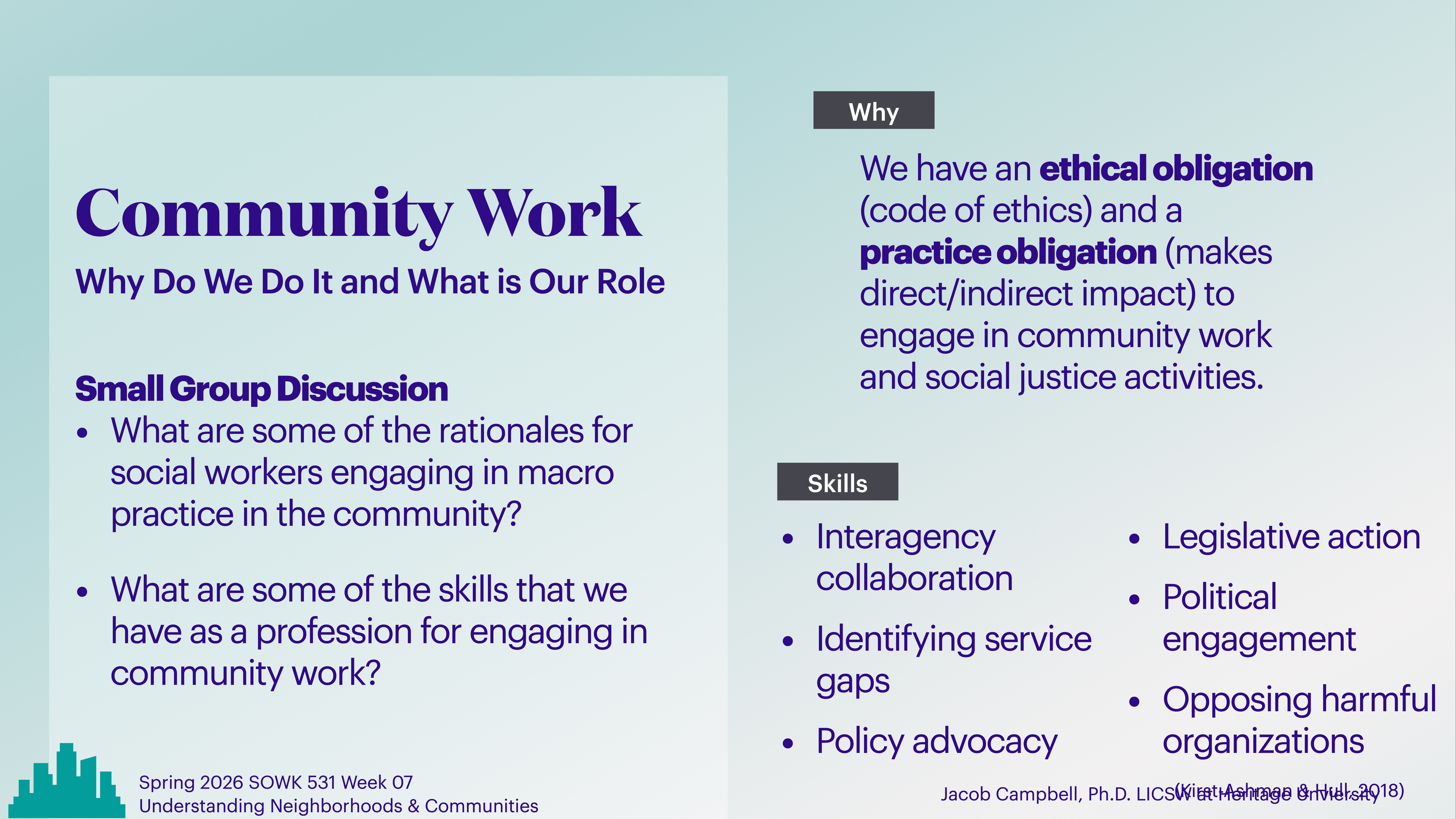 Slide titled 'Community Work' discusses social workers' roles, ethical and practice obligations for community engagement. Lists skills: interagency collaboration, identifying service gaps, policy advocacy, legislative action, political engagement, and opposing harmful organizations. Contains discussion questions about community practice rationales and skills.