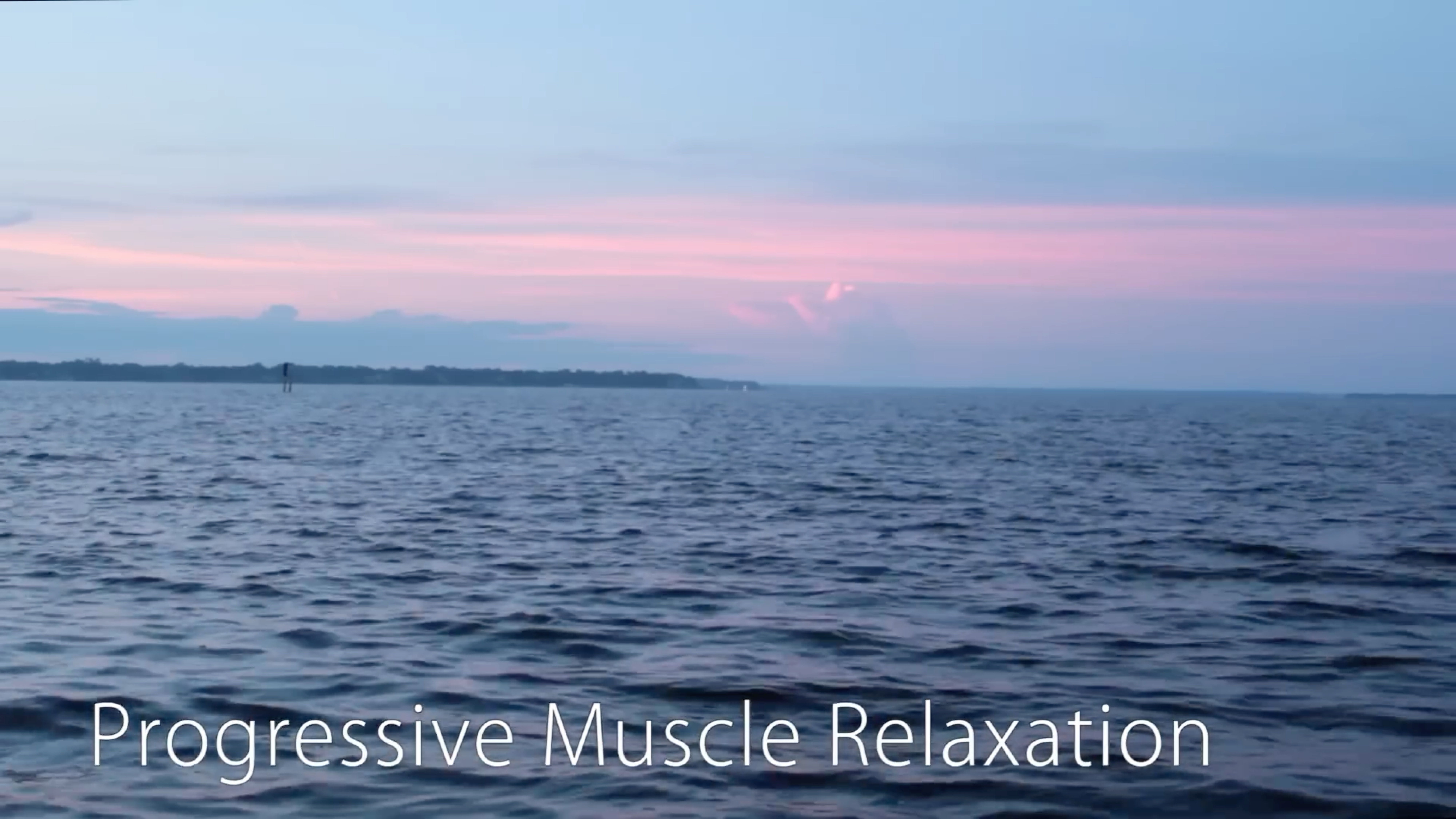 Ocean waves gently ripple under a pink and blue sunset sky. Text reads: 'Progressive Muscle Relaxation.'