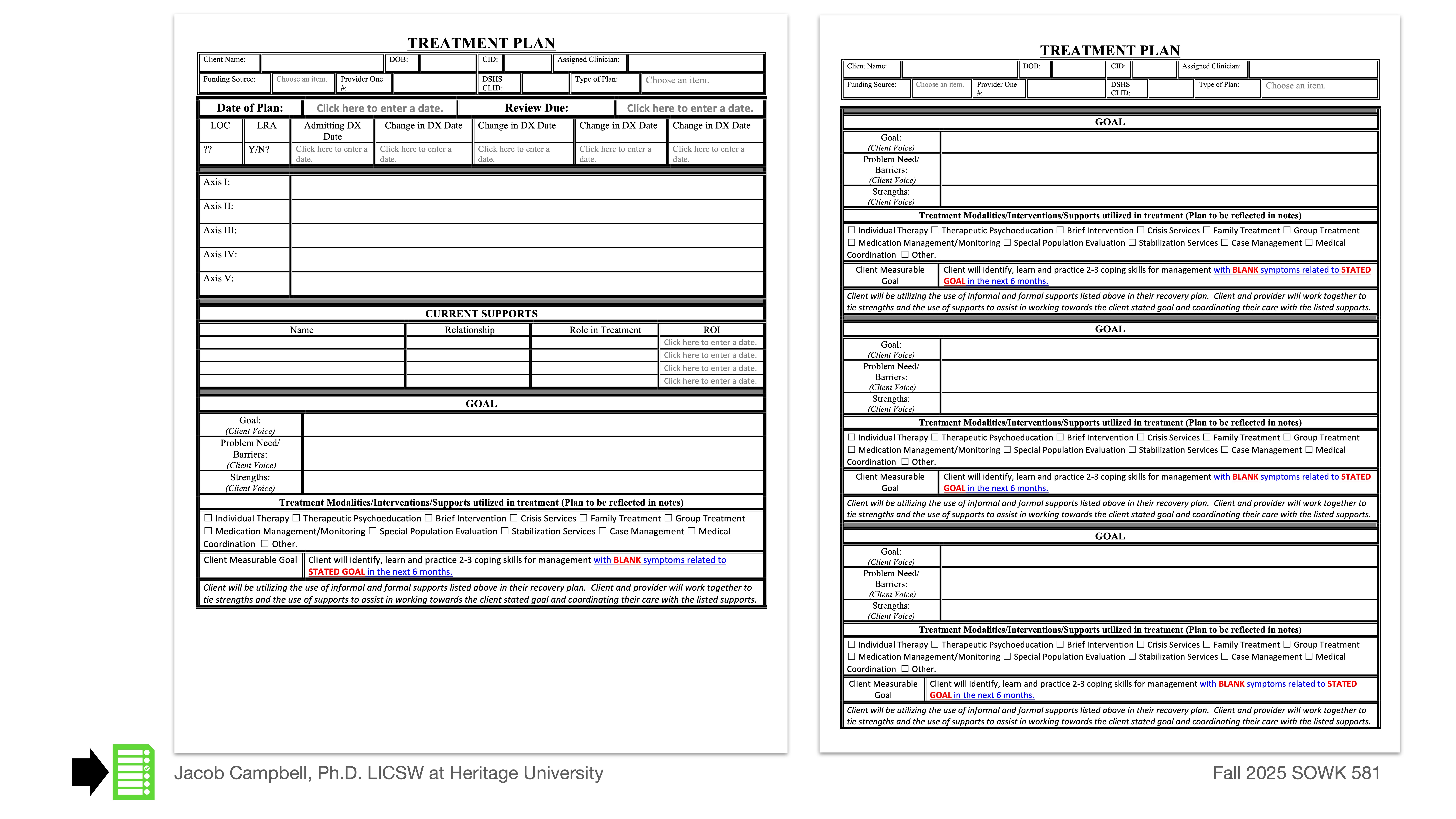 Two treatment plan forms on separate pages display sections for client information, diagnosis codes, goals, and current supports. Below, a credit notes 'Jacob Campbell, Ph.D. LICSW at Heritage University.'
